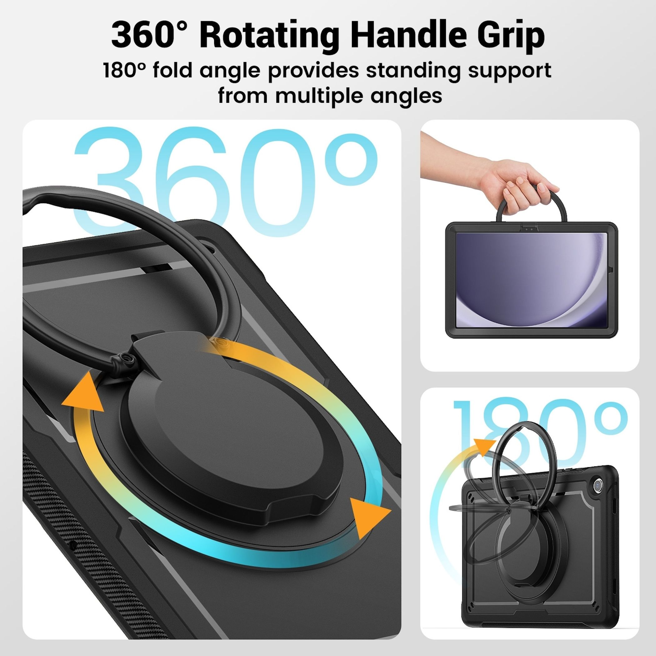 Custodia nera per tablet con manico girevole a 360 gradi e supporto a 180.