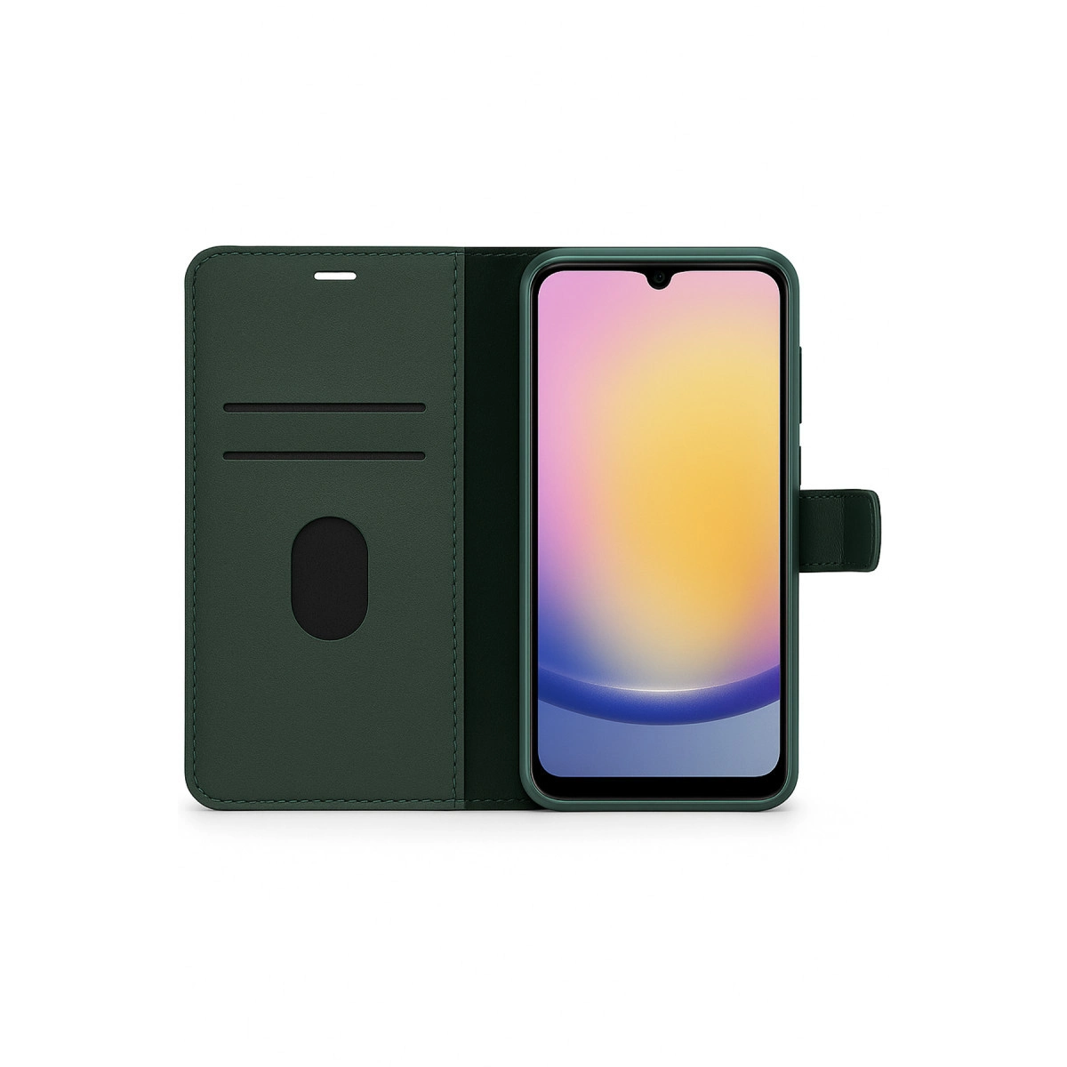 Koyu yeşil telefon kılıfı açık, telefonu gösteriyor. İç kart yuvaları görünür.