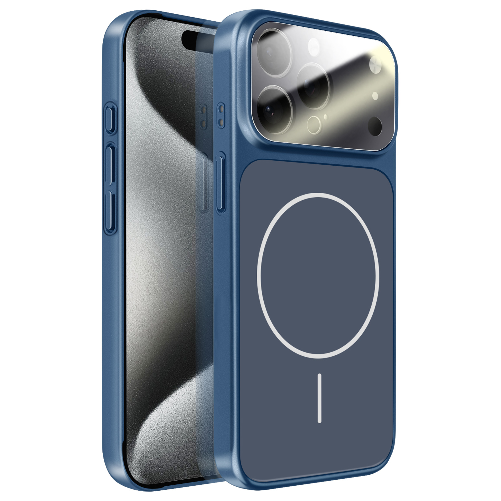 Coque de téléphone bleue avec bloc caméras et logo circulaire au dos.