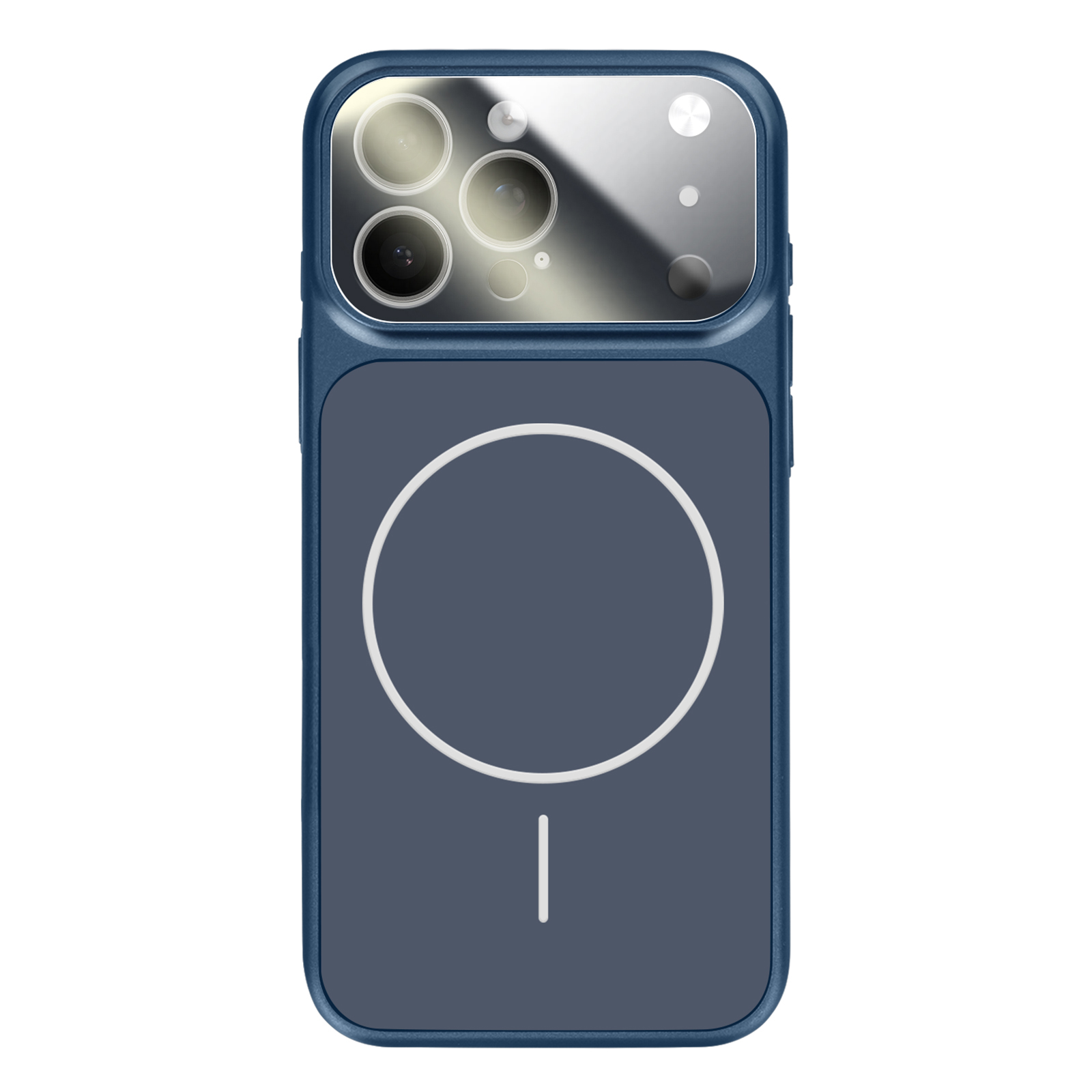 Coque de téléphone bleu foncé avec quatre objectifs et un cercle blanc.