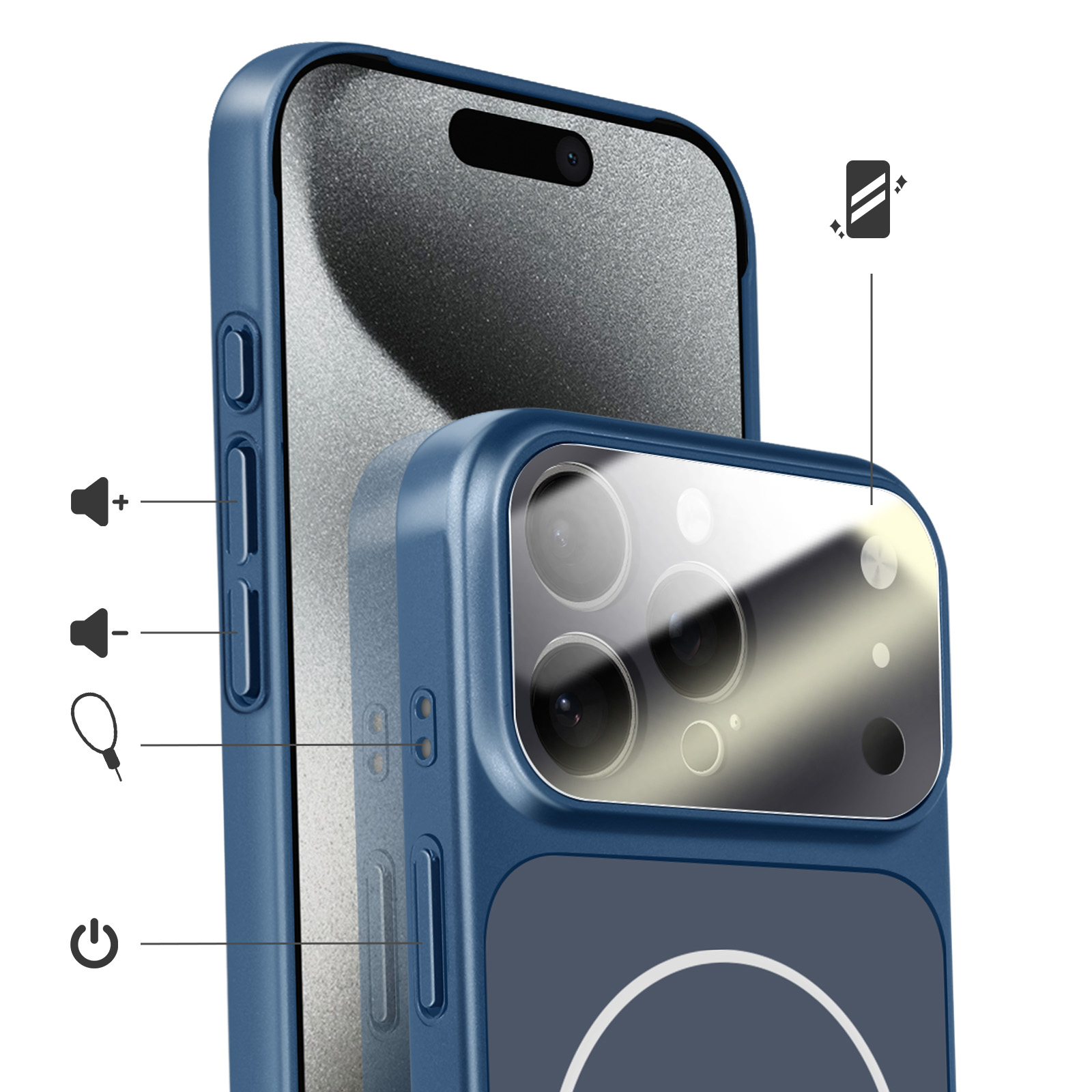 Coque de téléphone bleue : détails caméra, volume, alimentation, et tiroir SIM.