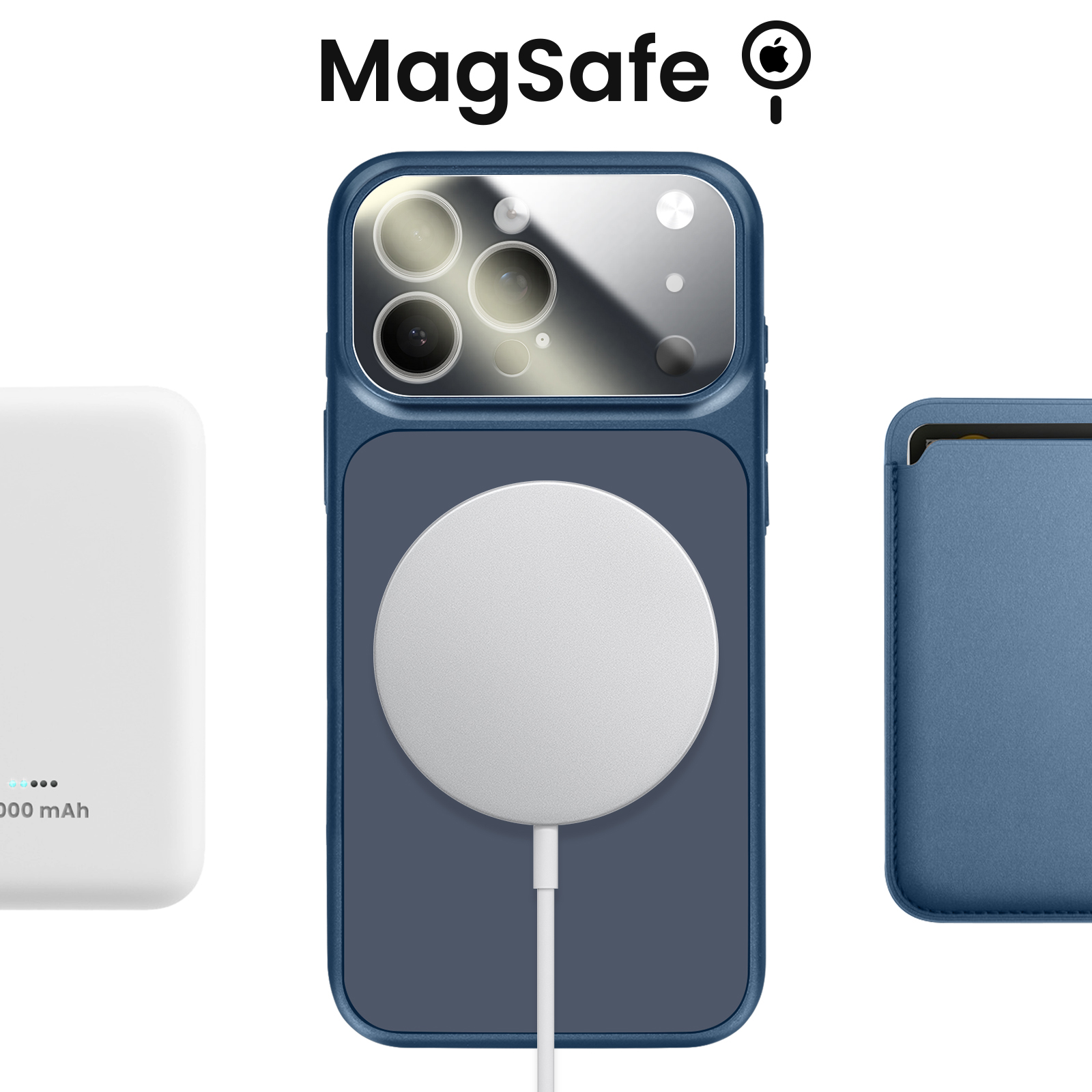 Un chargeur MagSafe blanc, une coque bleue pour iPhone avec appareils photo et un porte-cartes bleu.