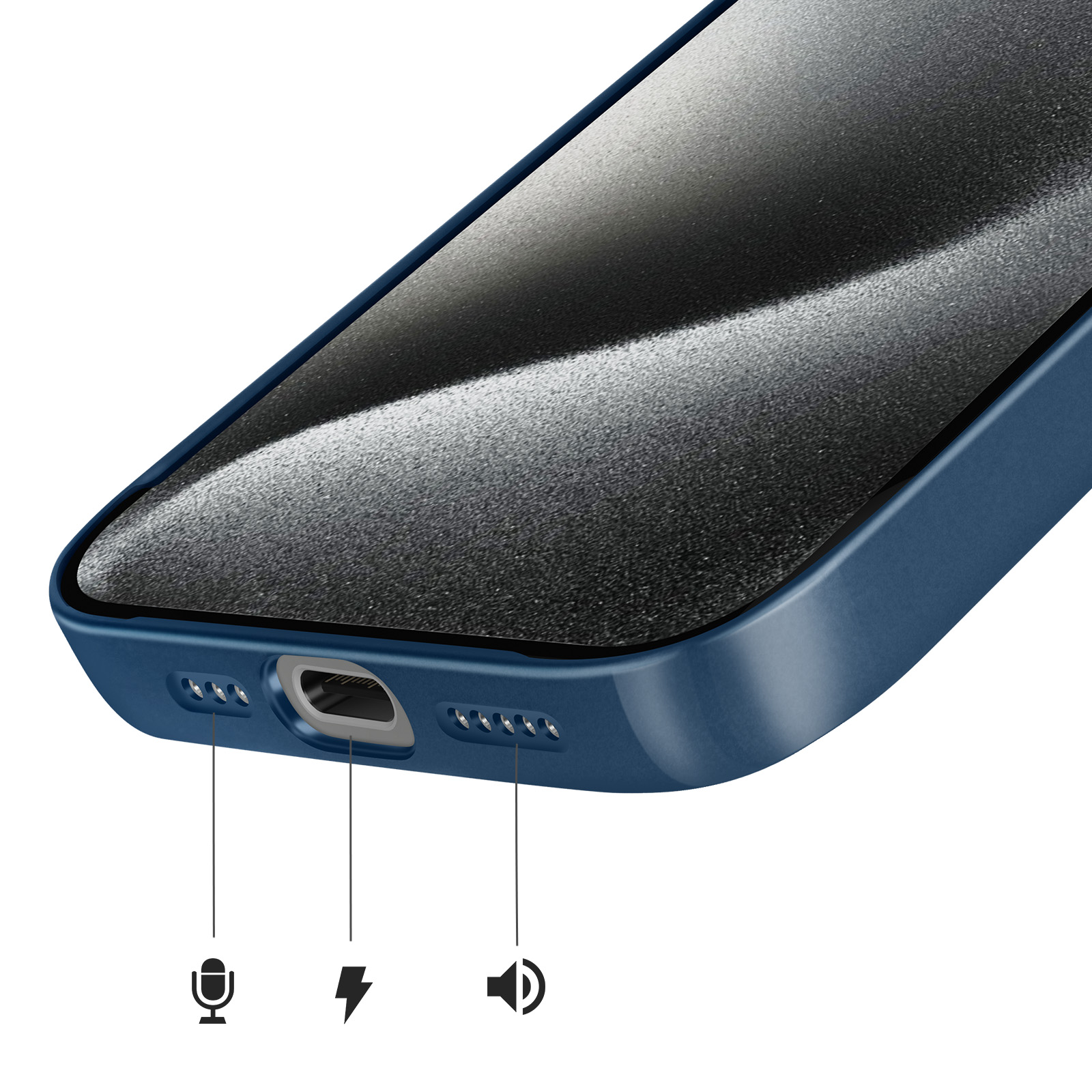 Gros plan du bas d'une coque de téléphone bleue avec port de charge et grilles.