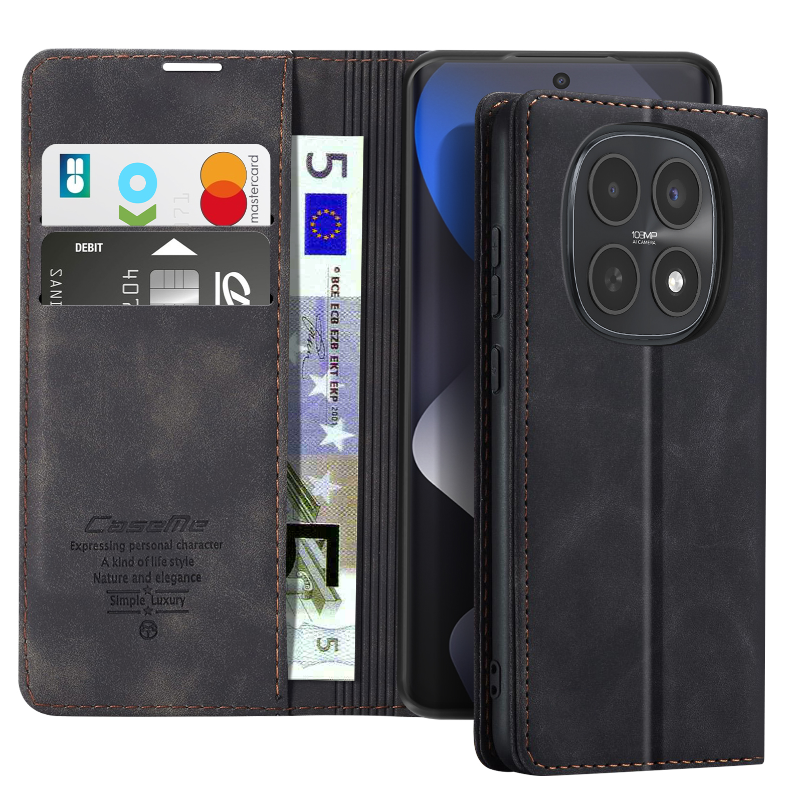 Custodia a libro in pelle nera con porta carte e contanti. Fotocamera posteriore del telefono.