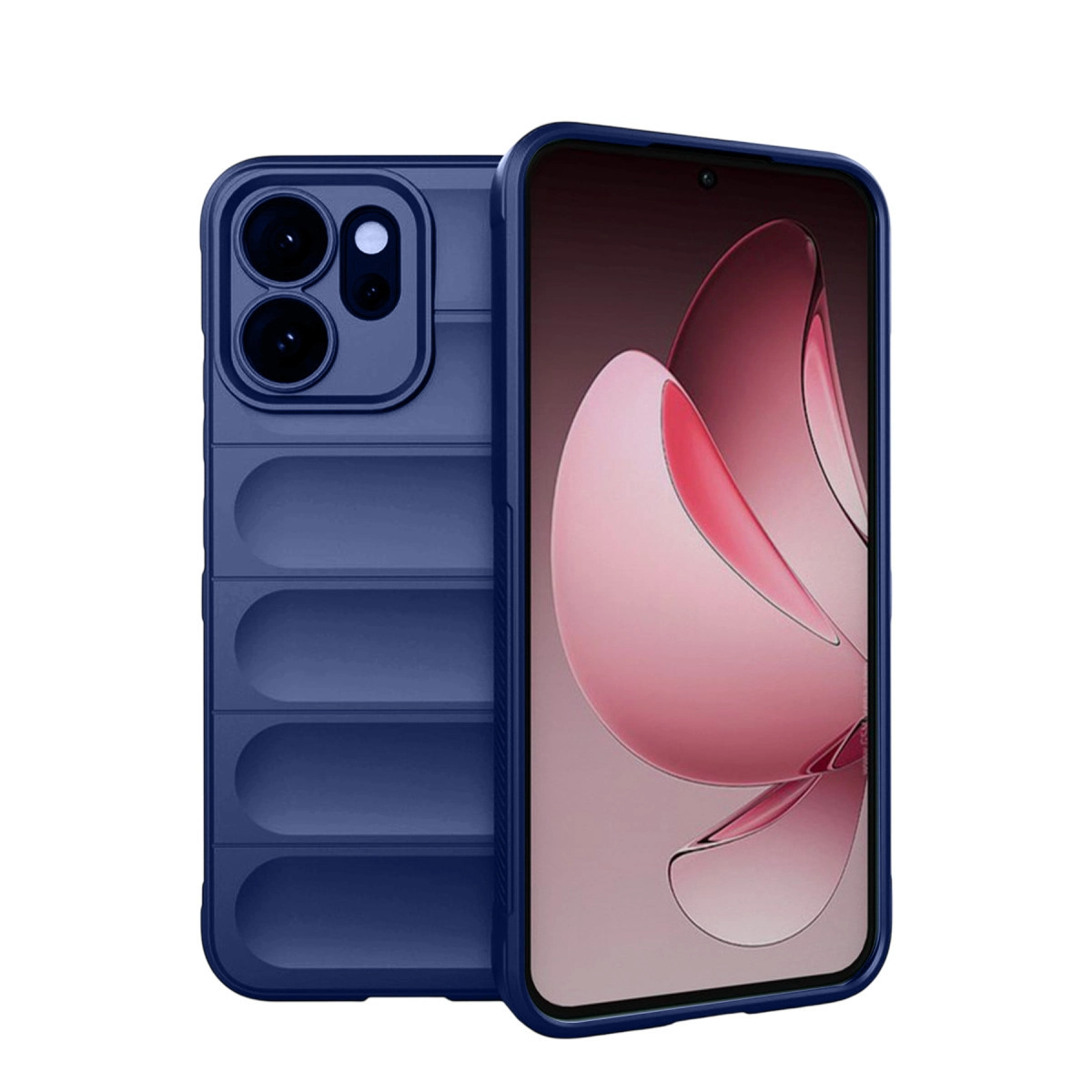 Yatay çıkıntılı ve kamera modüllü koyu mavi telefon kılıfı.