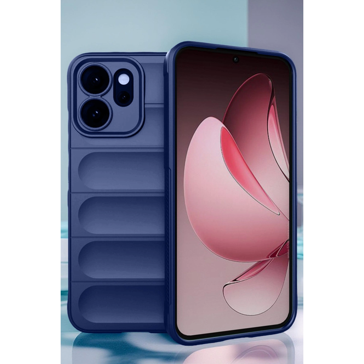 Yanında kamera açıklığı bulunan oluklu koyu mavi telefon kılıfı.