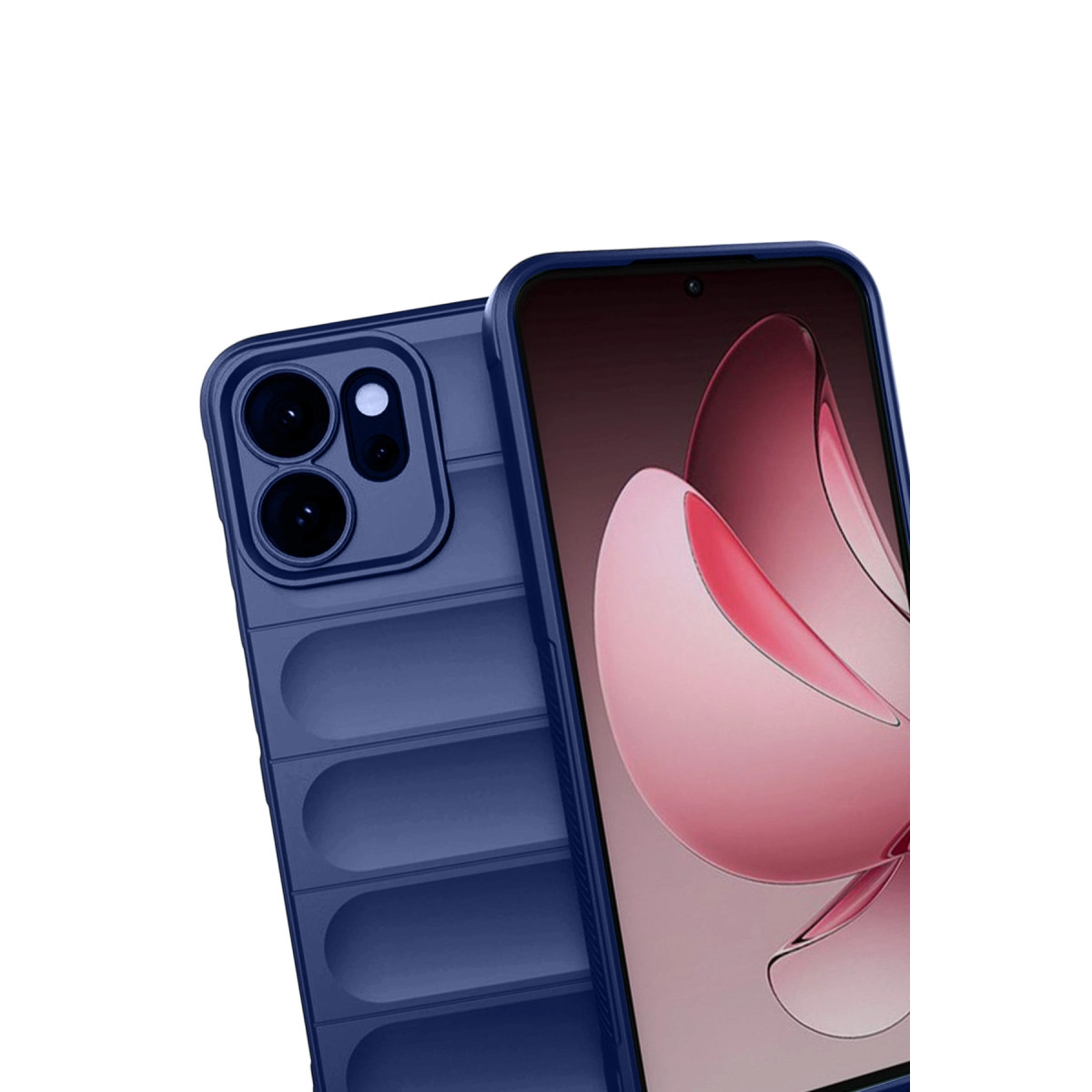 Kanallı dokulu, kamera adacıklı lacivert telefon kılıfı.