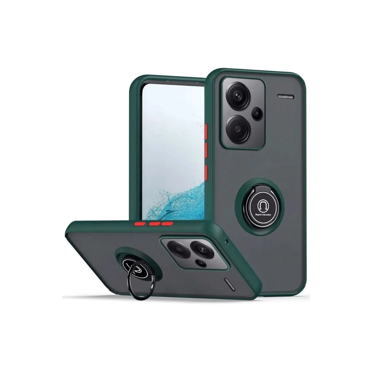 Koyu yeşil telefon kılıfı, halka tutucu ve kamera kesimiyle beyaz arka planda.