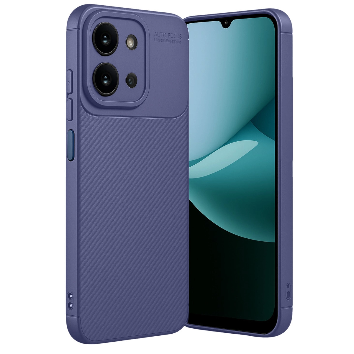 Doku kaplamalı ve kamera kesimli mor telefon kılıfı, bir telefonun yanında gösteriliyor.