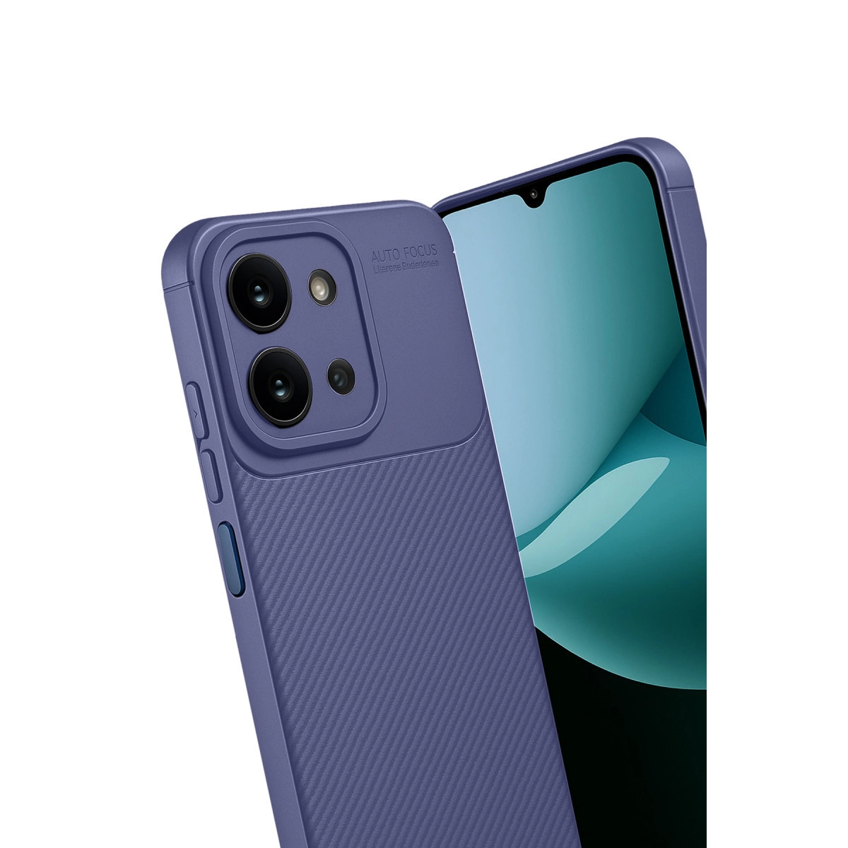 Kamera modüllü ve nervürlü dokulu mor telefon kılıfı, akıllı telefon ekranı yanında.