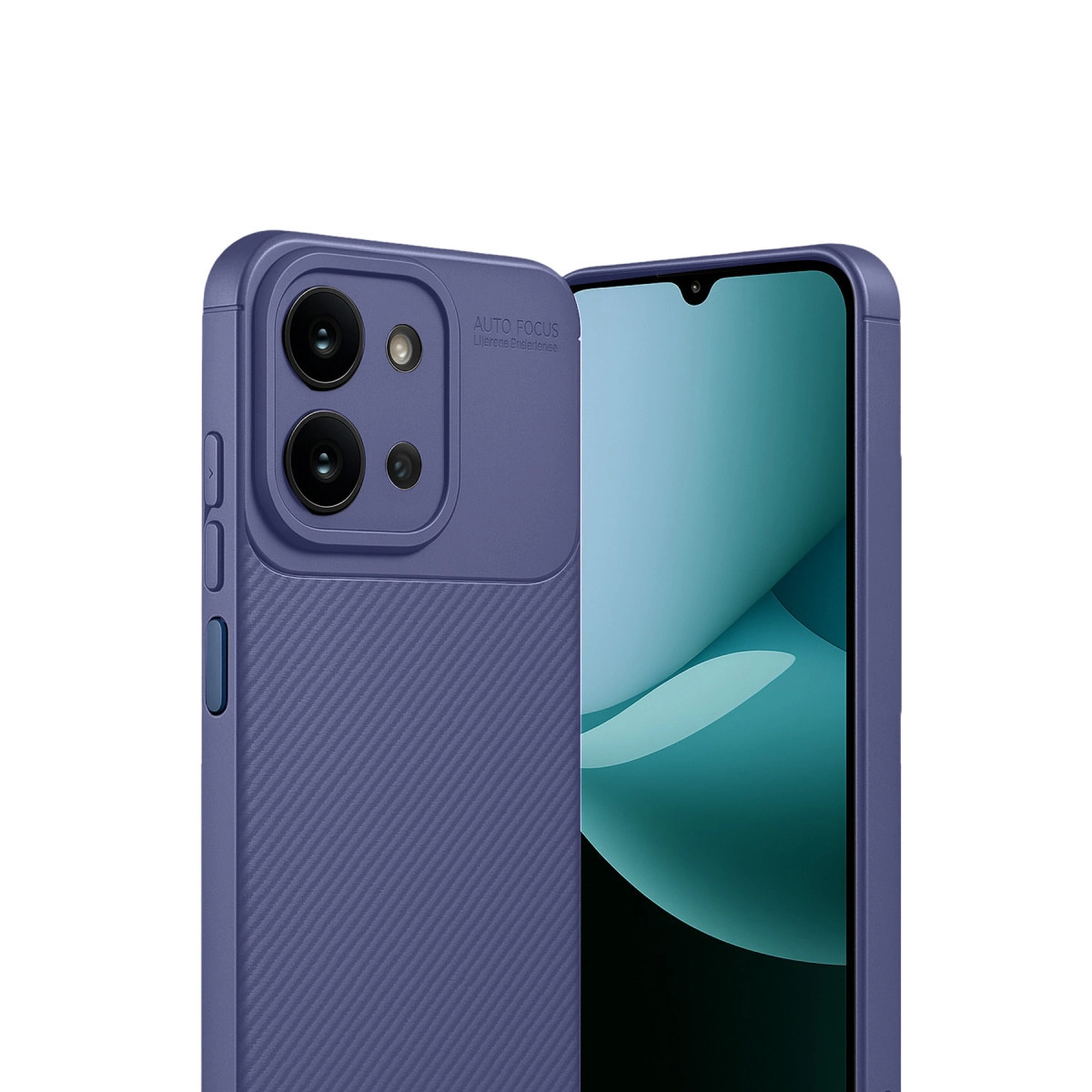 Kamera kesimli mor telefon kılıfı, telefon ekranının yanında.