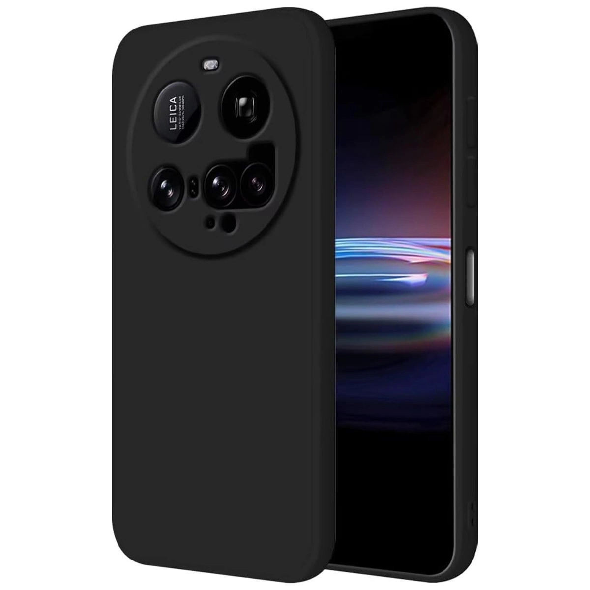 Leica kamera dizilimli siyah telefon kılıfı, bir akıllı telefonun yanında.