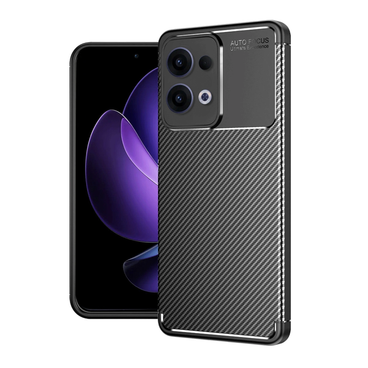 Karbon fiber desenli kılıflı siyah akıllı telefon ve mor arka plan.