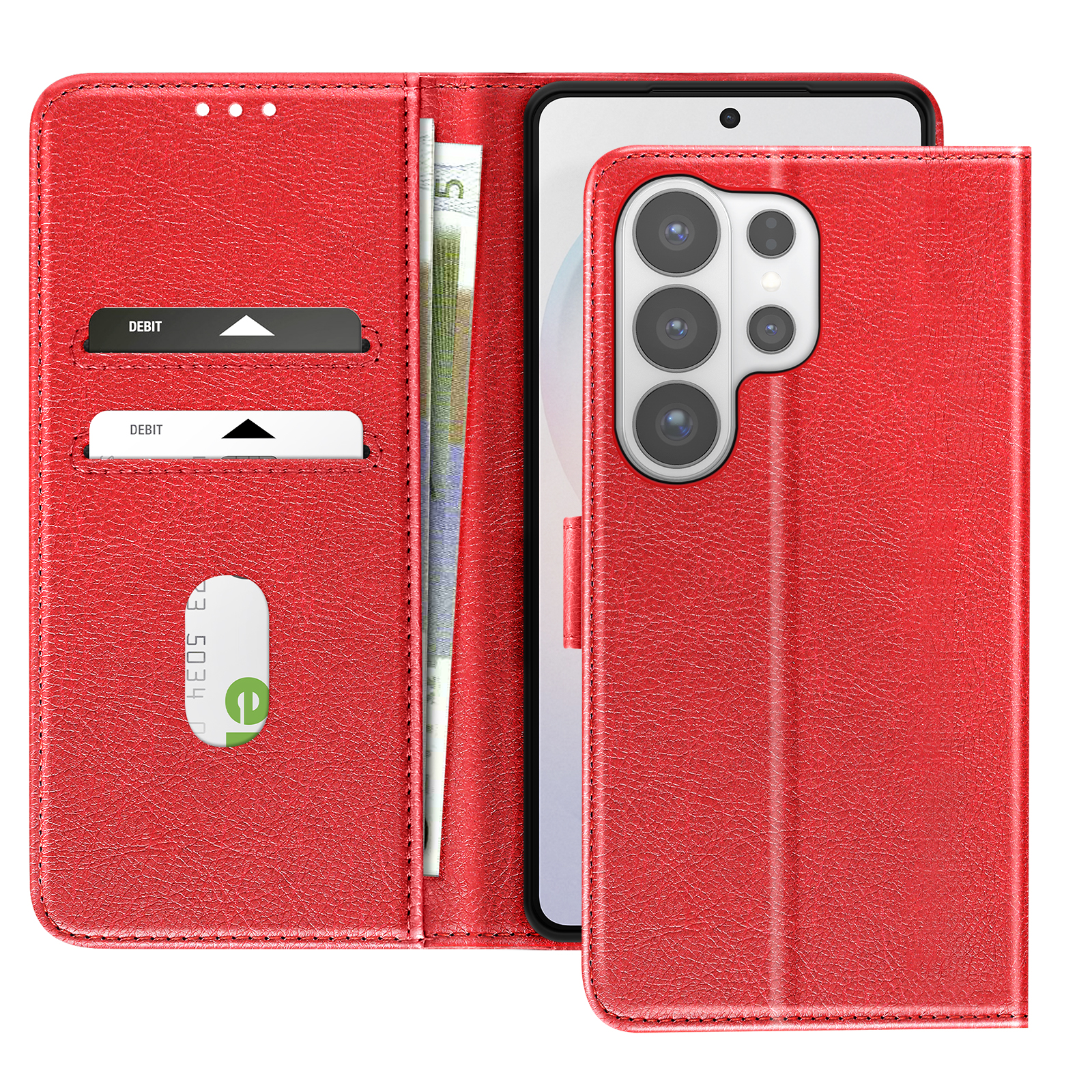 Custodia a libro rossa in pelle con slot per carte e tasca per contanti.