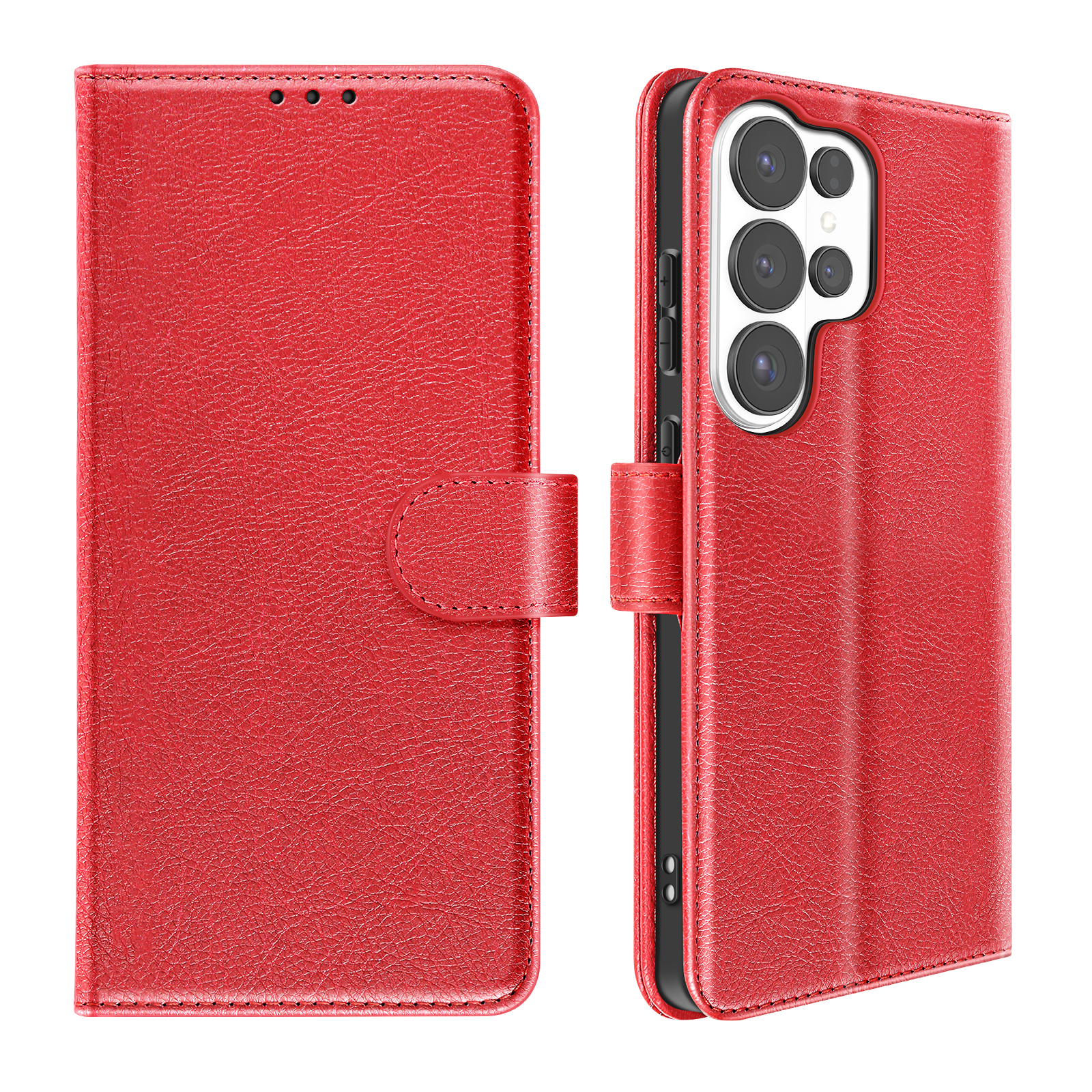 Custodia rossa in pelle per telefono con tre obiettivi della fotocamera e chiusura a scatto.