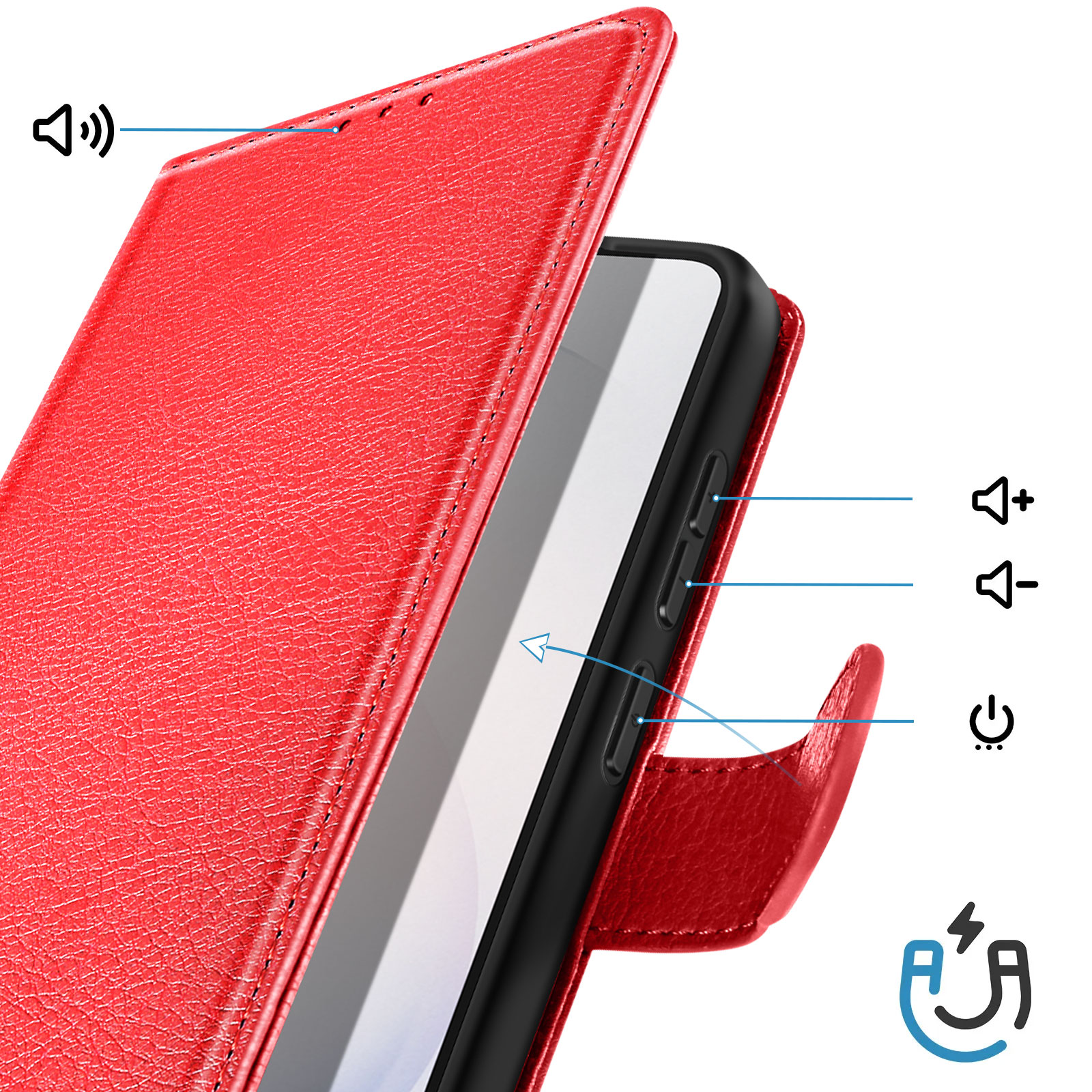 Custodia rossa per telefono con icone volume, accensione e chiusura magnetica.
