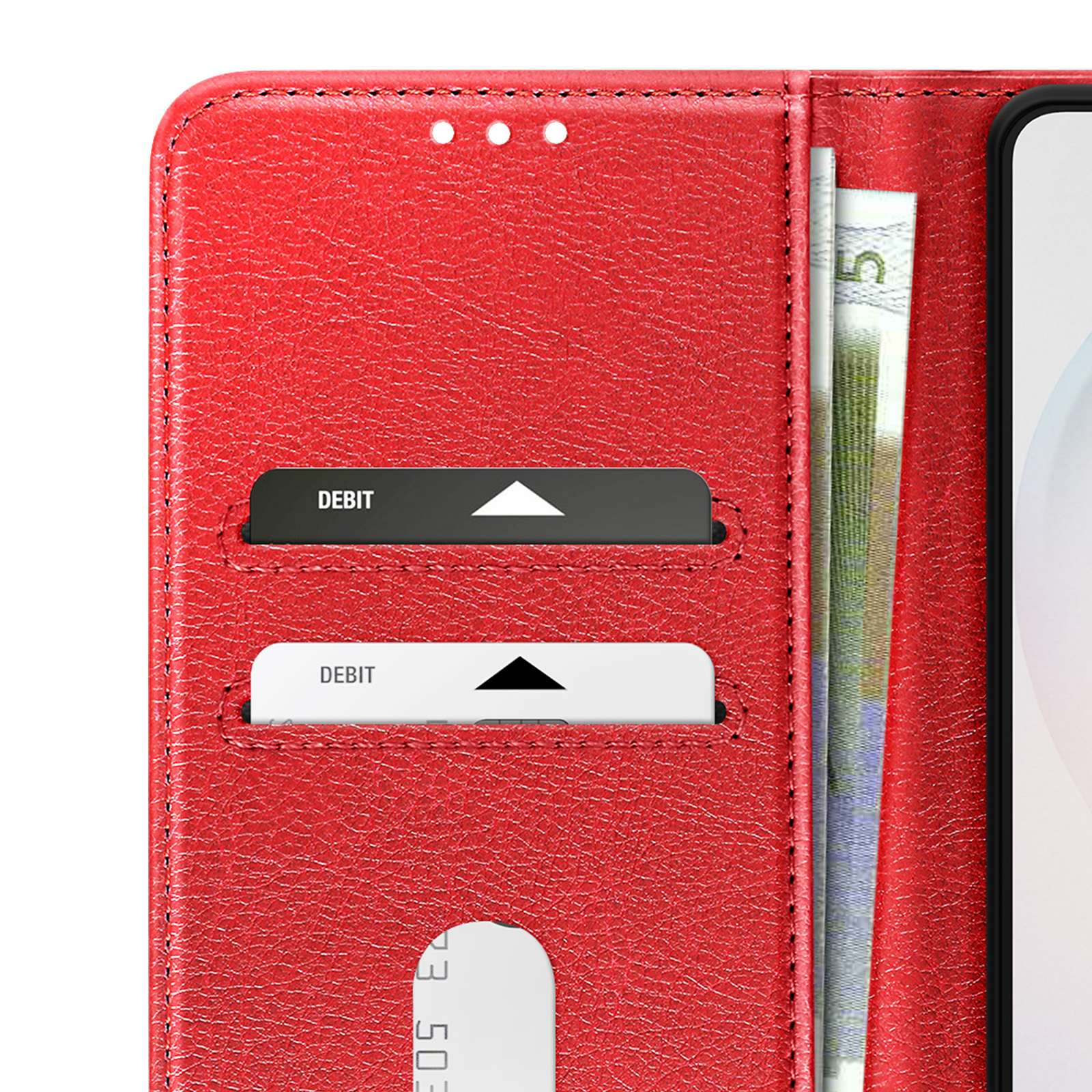 Portafoglio in pelle rossa con due carte di debito e banconote.
