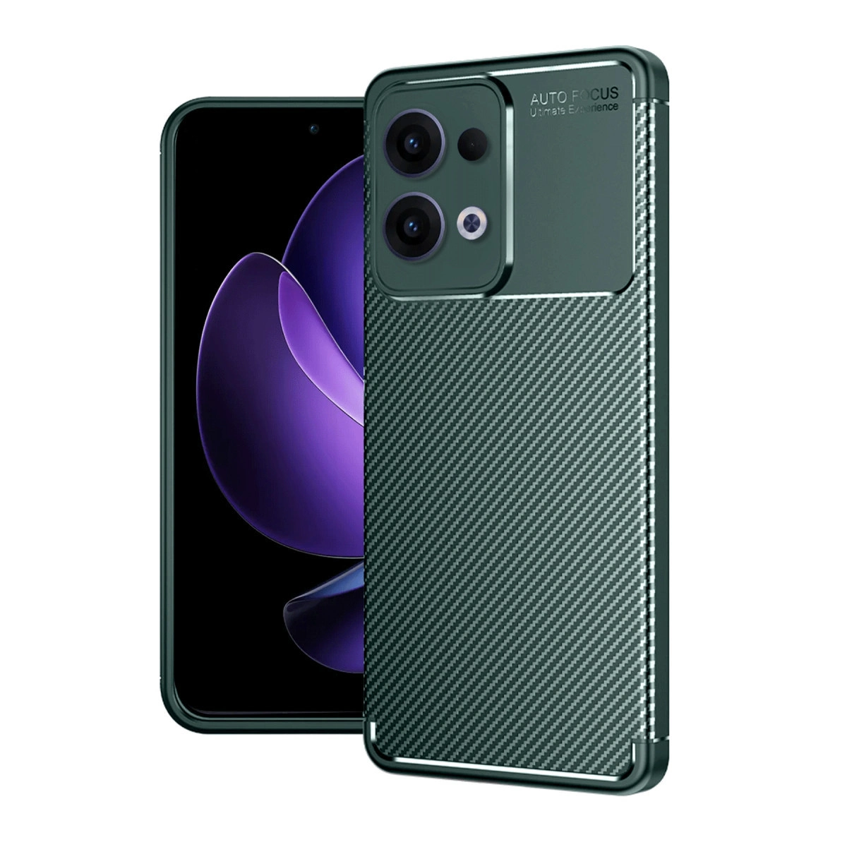 Karbon desenli kılıflı koyu yeşil telefon ve üç kamera.