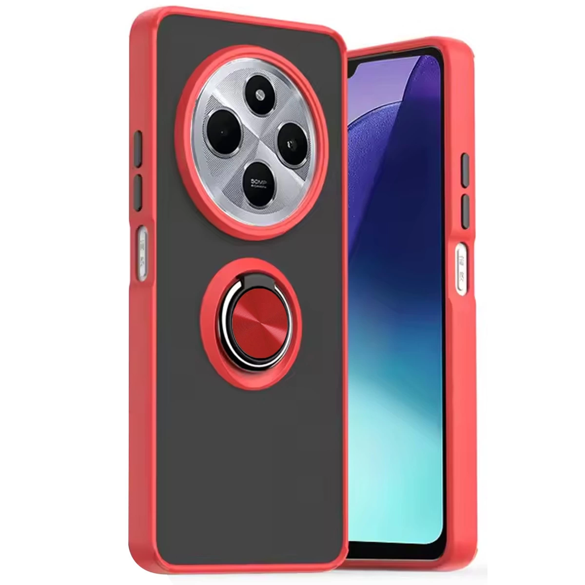 Halkalı kırmızı kılıflı siyah telefon, dairesel kamera.