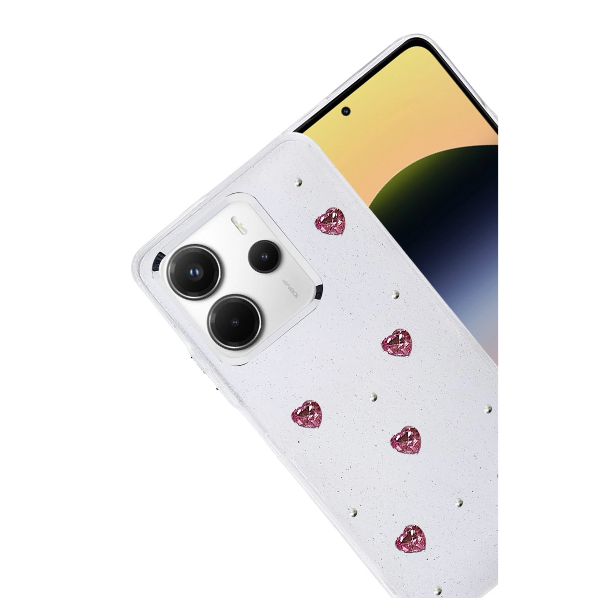 Sim ve pembe kalp süslemeli beyaz telefon kılıfı.
