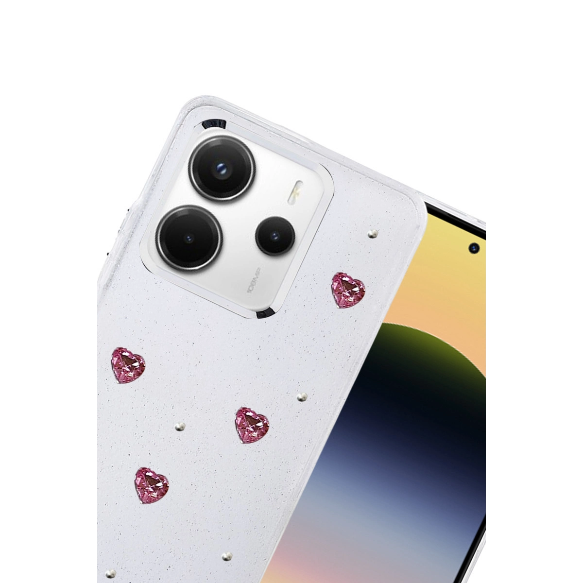 Simli, pembe kalpli ve küçük incili beyaz telefon kılıfı.