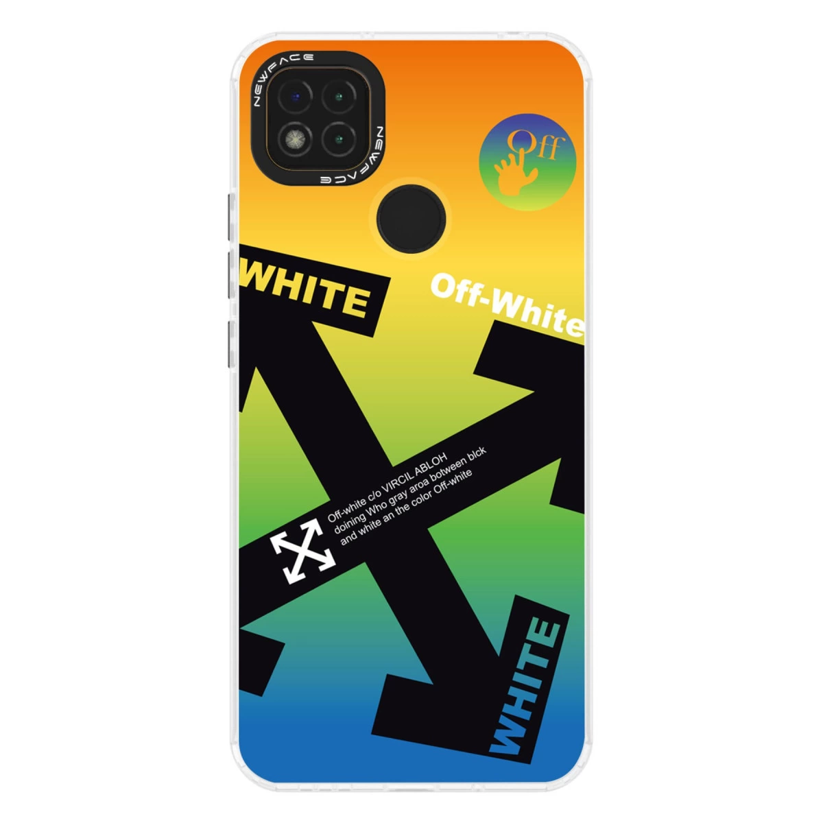 Turuncudan yeşile gradyanlı telefon kılıfı, Off-White logosu ve oklar.