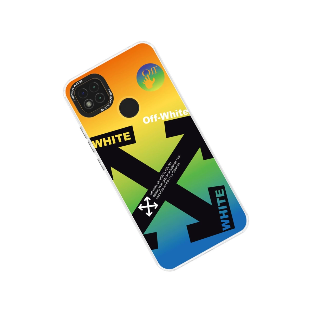 Off-White logosu ve ok motifli renkli telefon kılıfı.