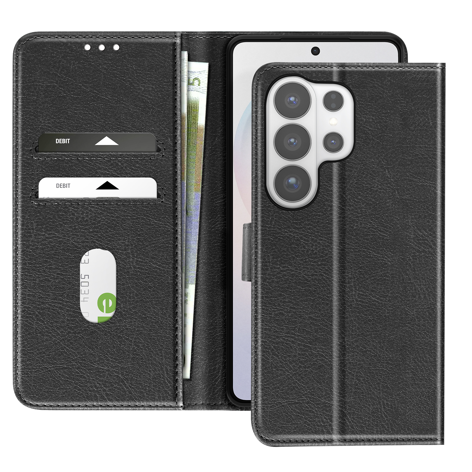 Portafoglio nero con telefono, slot per carte e banconote.