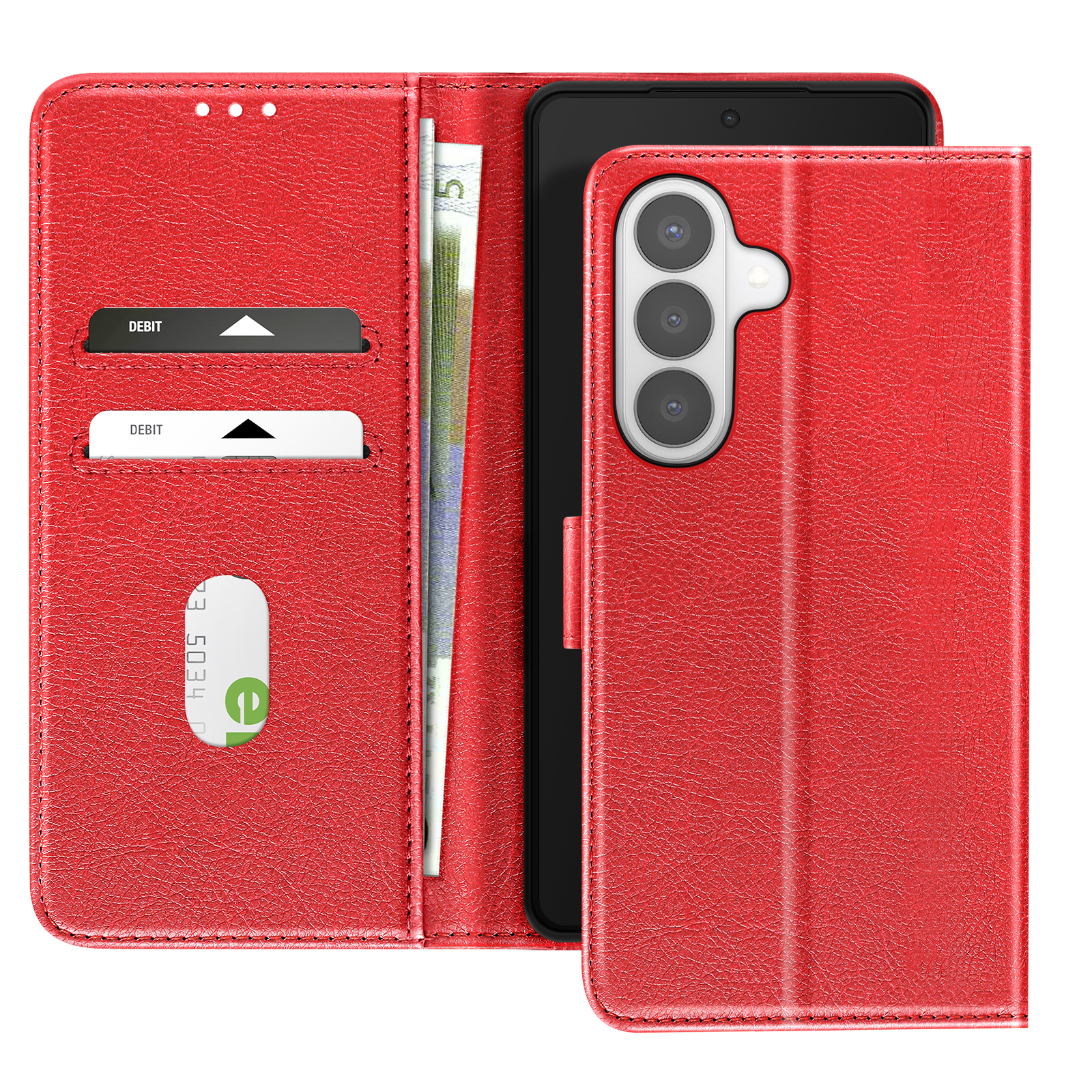 Custodia rossa per telefono con slot per carte, contanti e tre obiettivi.