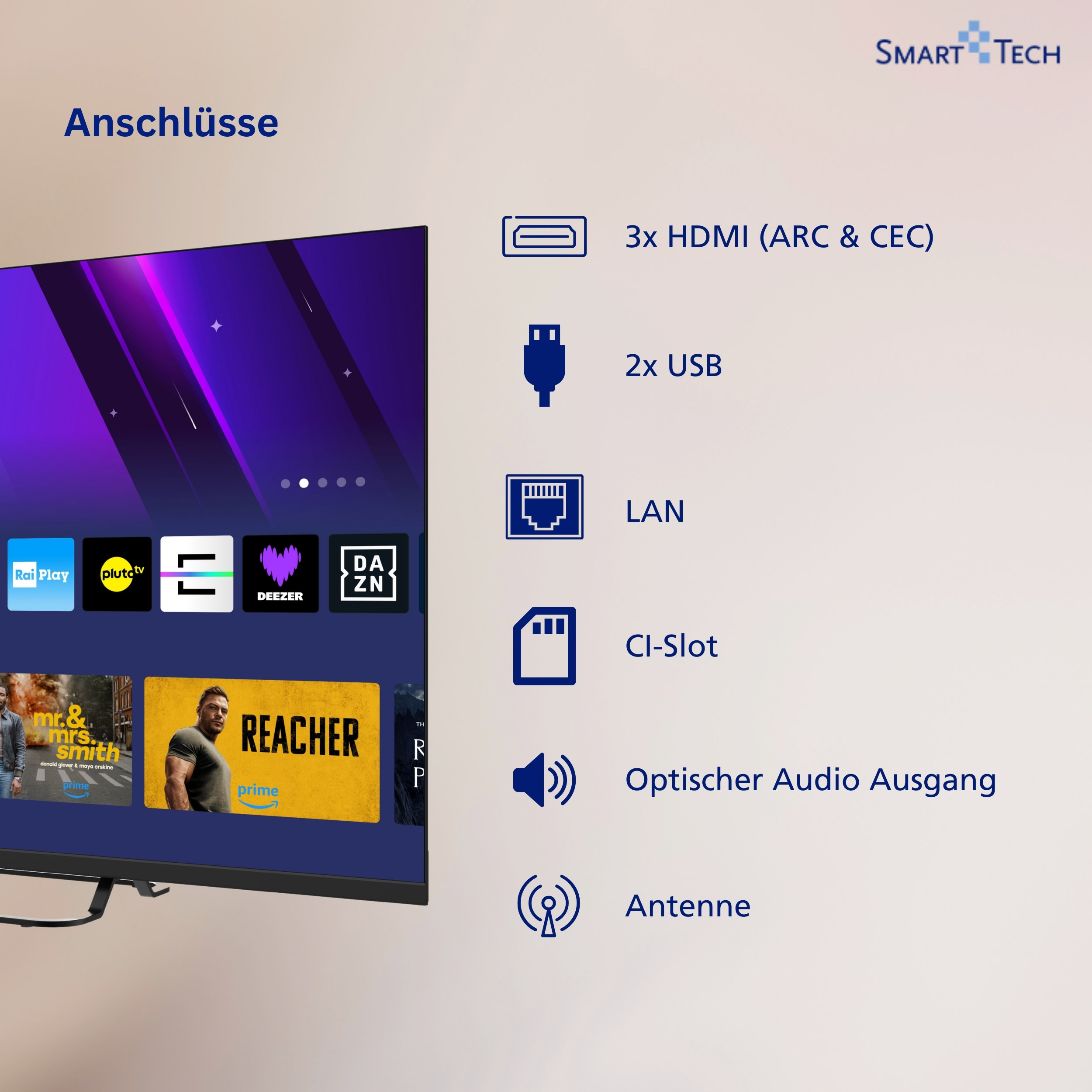 Fernseher mit Anschlüssen: 3x HDMI, 2x USB, LAN, CI-Slot, Optischer Audio Ausgang, Antenne.