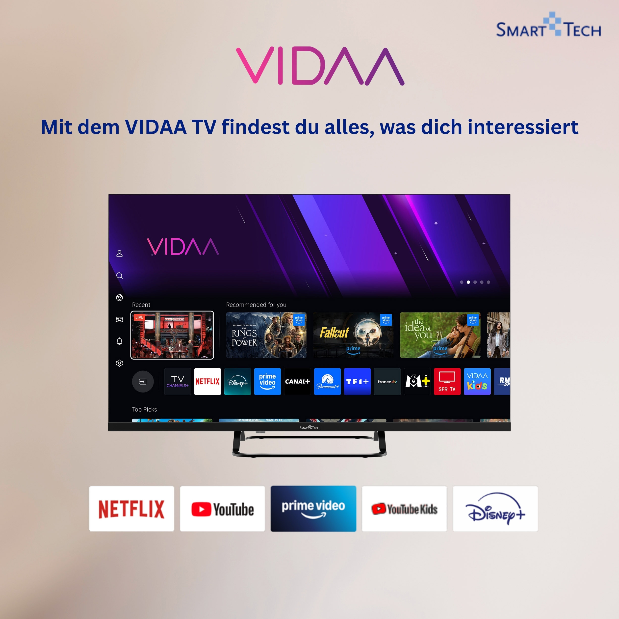 VIDAA TV zeigt Inhalte wie Filme und Shows von Netflix, Prime Video, Disney+.