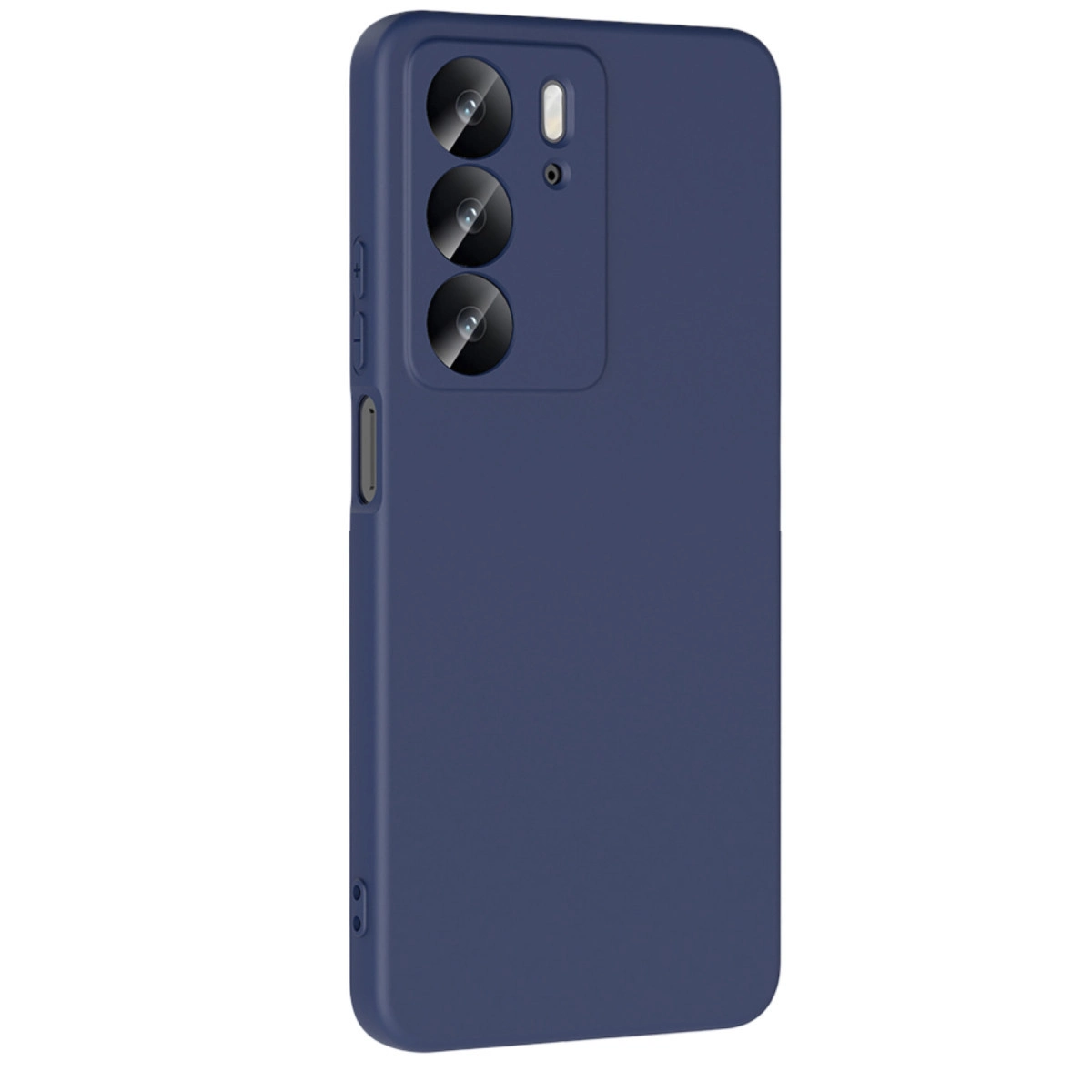Arkada üç kamera lensi ve flaşı olan lacivert telefon kılıfı.