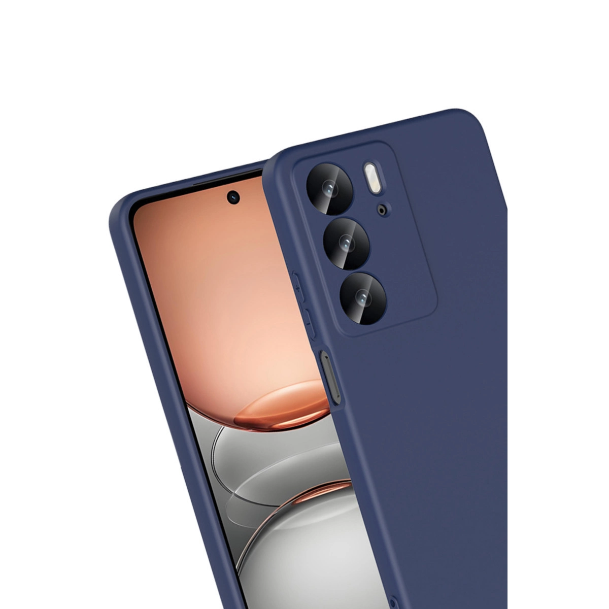 Parlak ekranlı bir telefona yerleştirilmiş üçlü kameraya sahip lacivert telefon kılıfı.