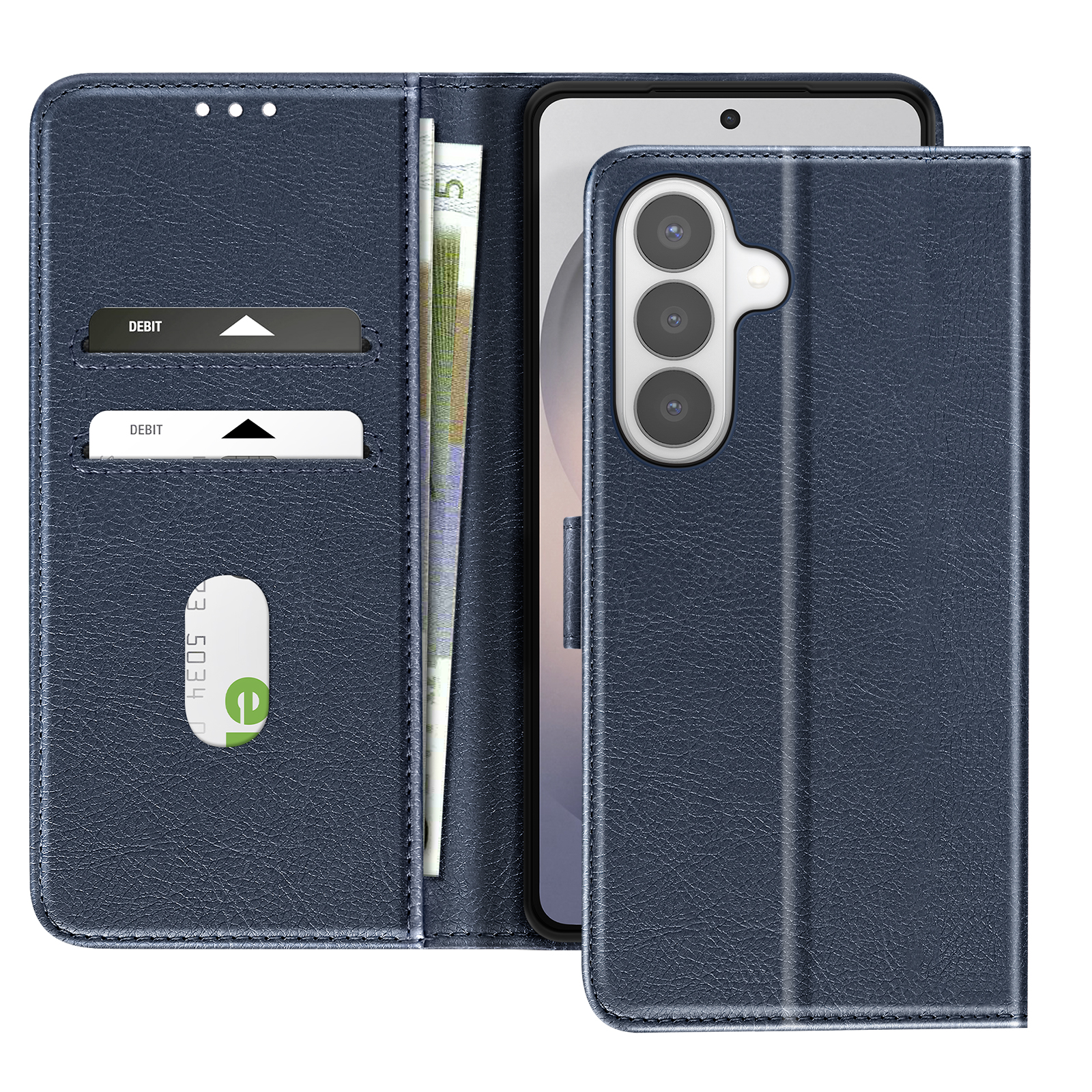 Custodia blu scuro per telefono con fessure per carte e tasca soldi.