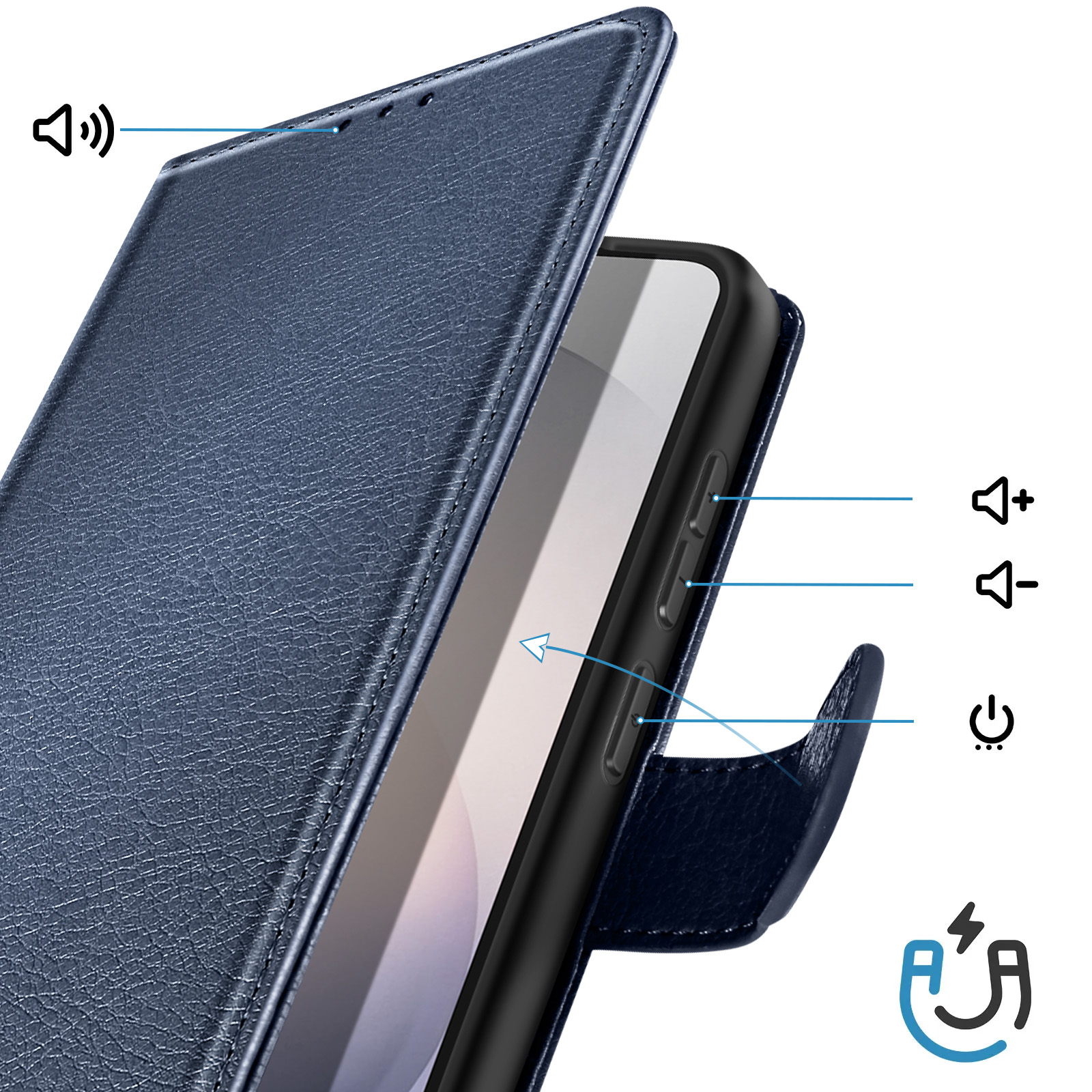 Custodia blu scuro per telefono con icone volume e pulsante di accensione.