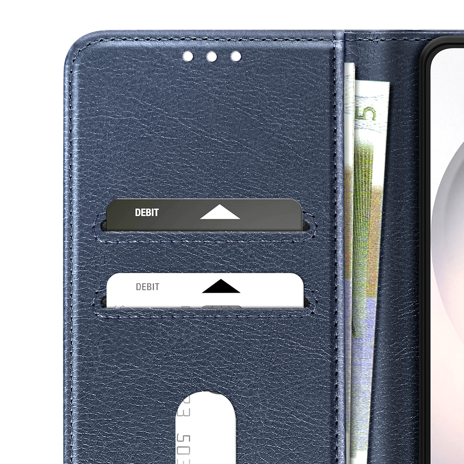 Portafoglio in pelle blu scuro con fessure per carte e banconote.