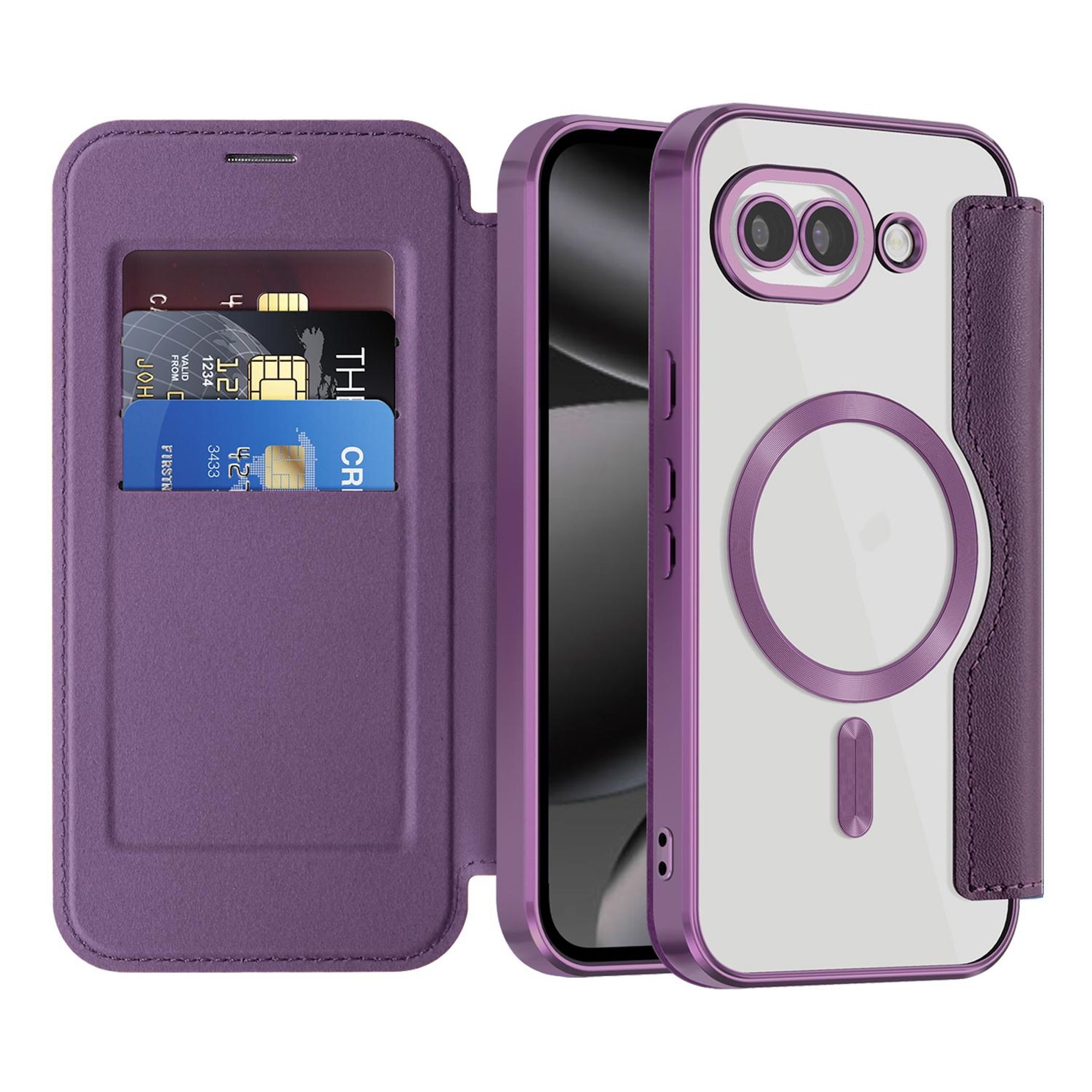 Funda morada para teléfono con ranuras para tarjetas y panel trasero transparente.