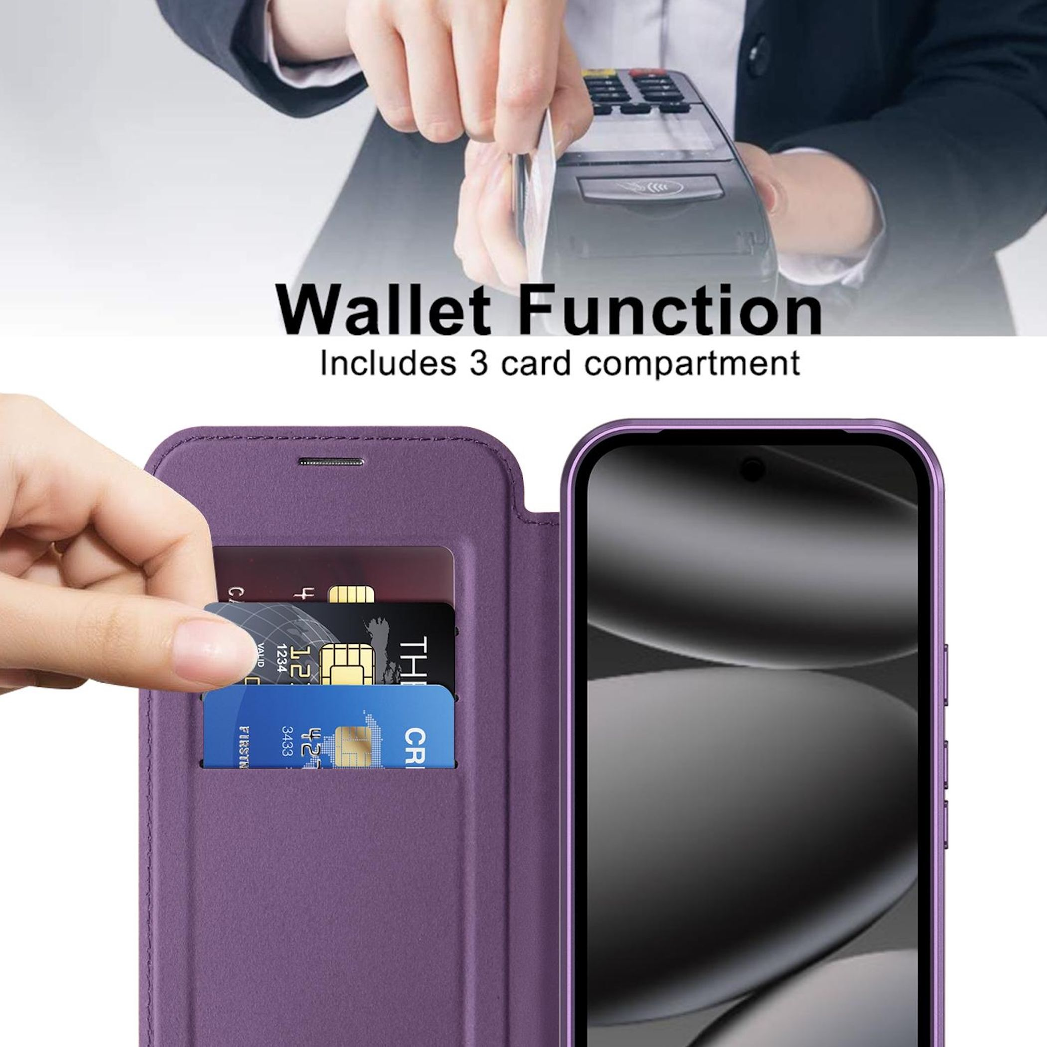 Una mano inserta una tarjeta de crédito en una funda tipo billetera morada junto a un smartphone.