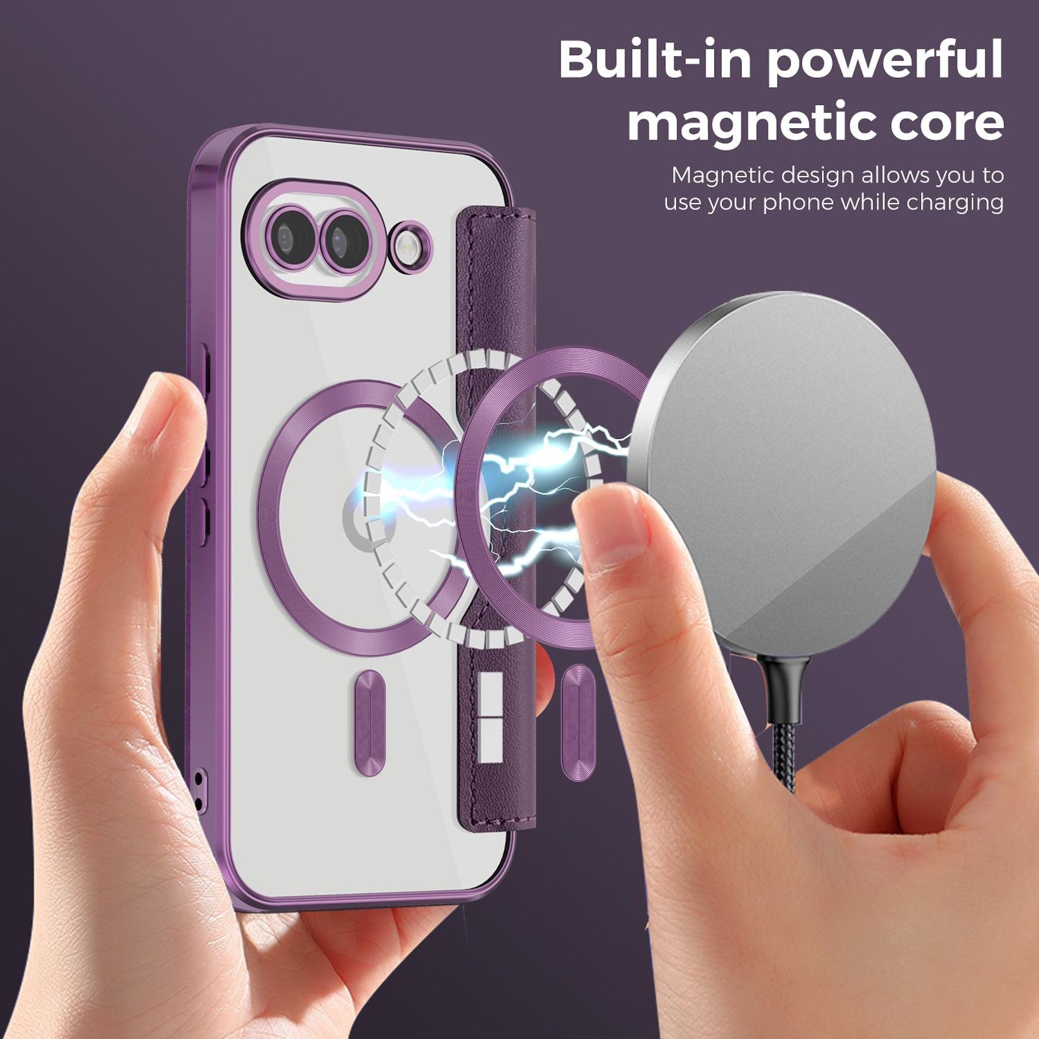 Funda morada para teléfono con cargador magnético. Rayos emanan del cargador.