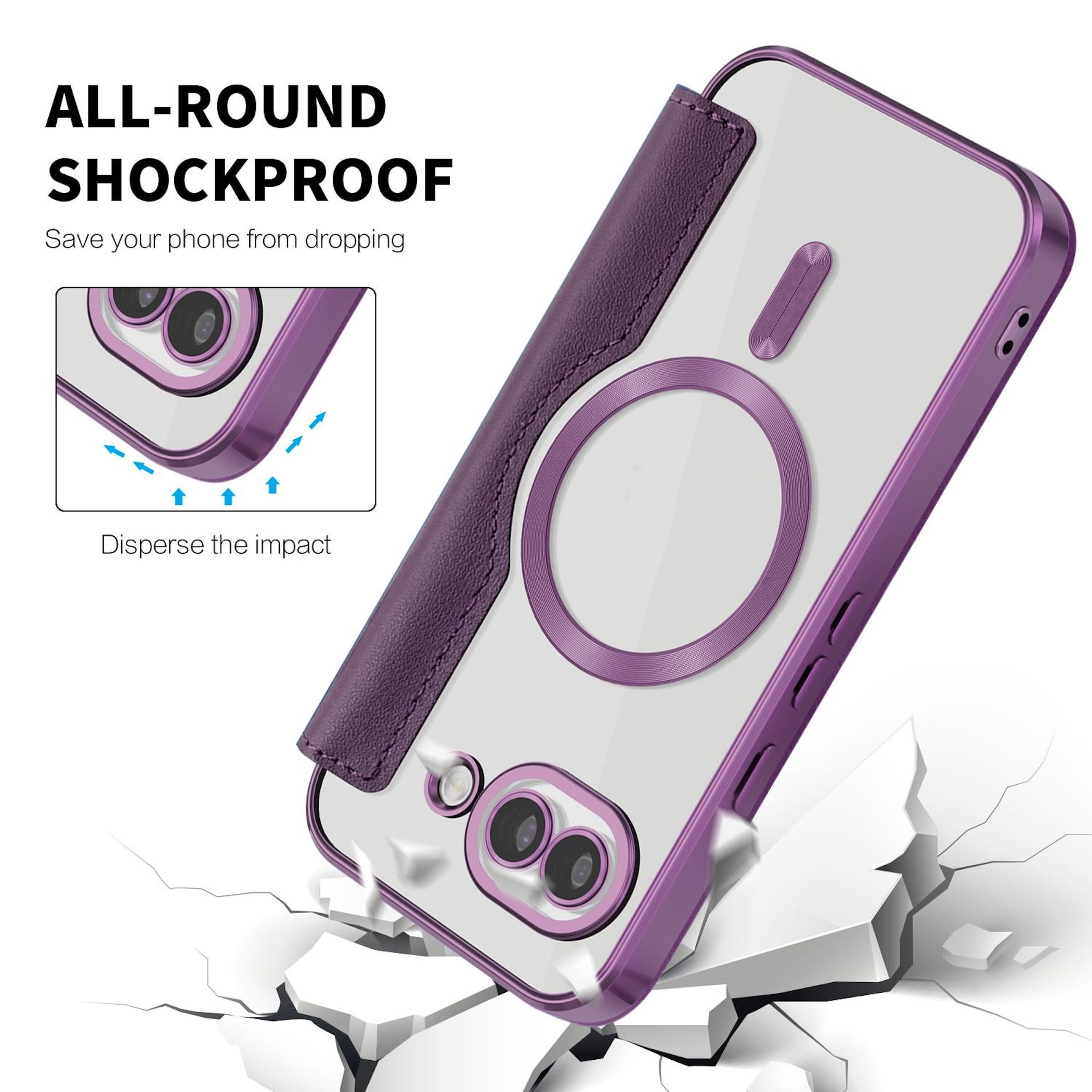 Funda morada para teléfono con protección contra impactos sobre suelo agrietado.