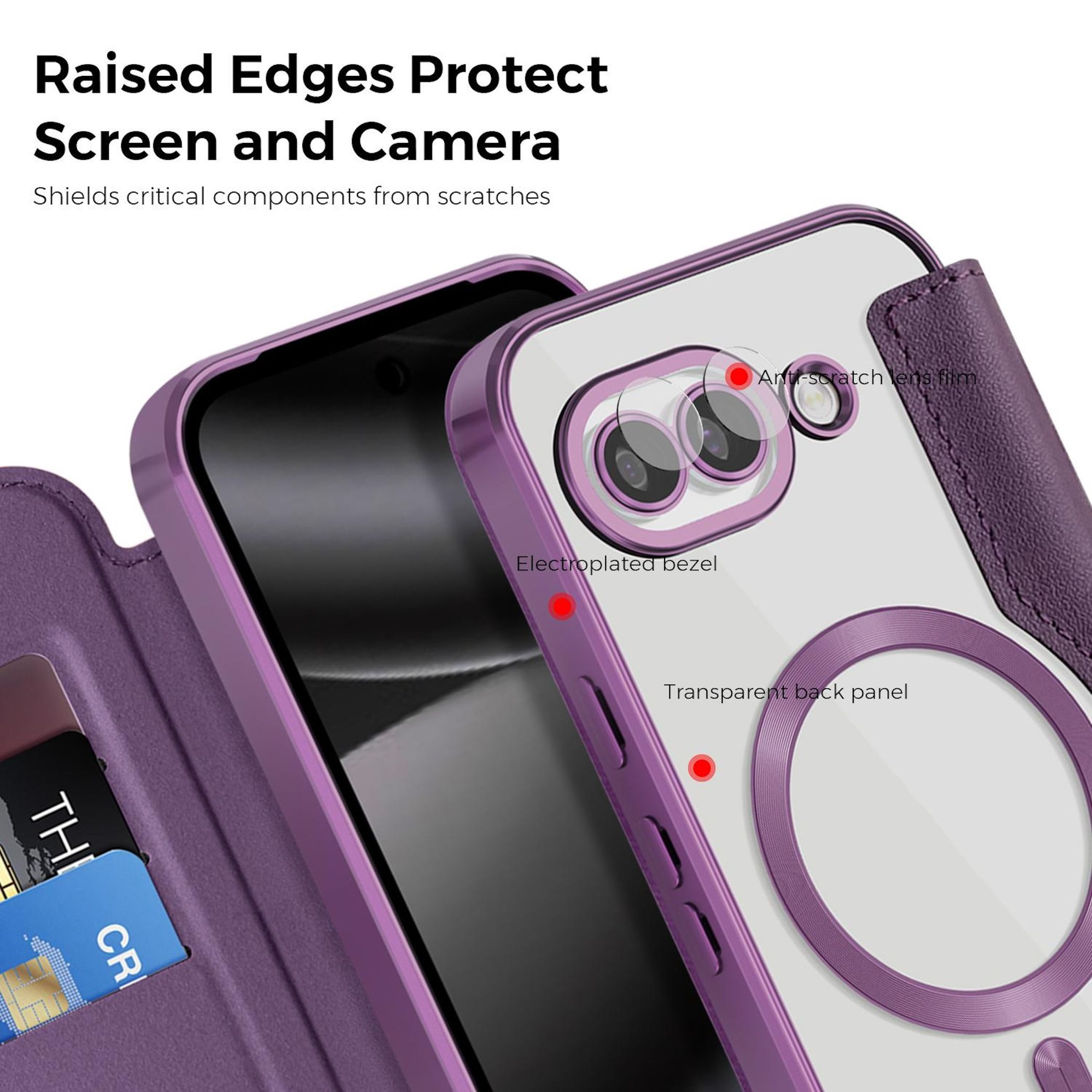 Funda morada para teléfono con parte trasera transparente, ranuras para tarjetas y protección de cámara.
