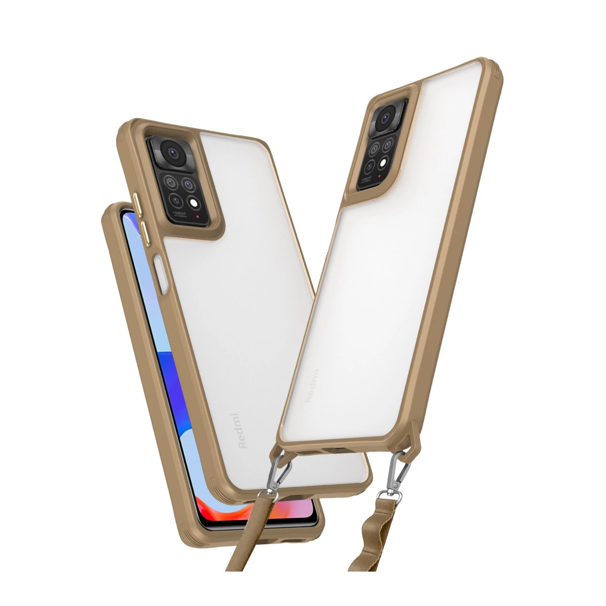 Kahverengi çerçeveli ve kordonlu iki şeffaf telefon kılıfı.