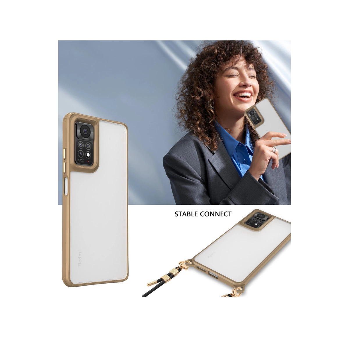 Kıvırcık saçlı kadın altın kılıflı bir telefon tutuyor. Kordonlu ikinci bir telefon görünüyor.