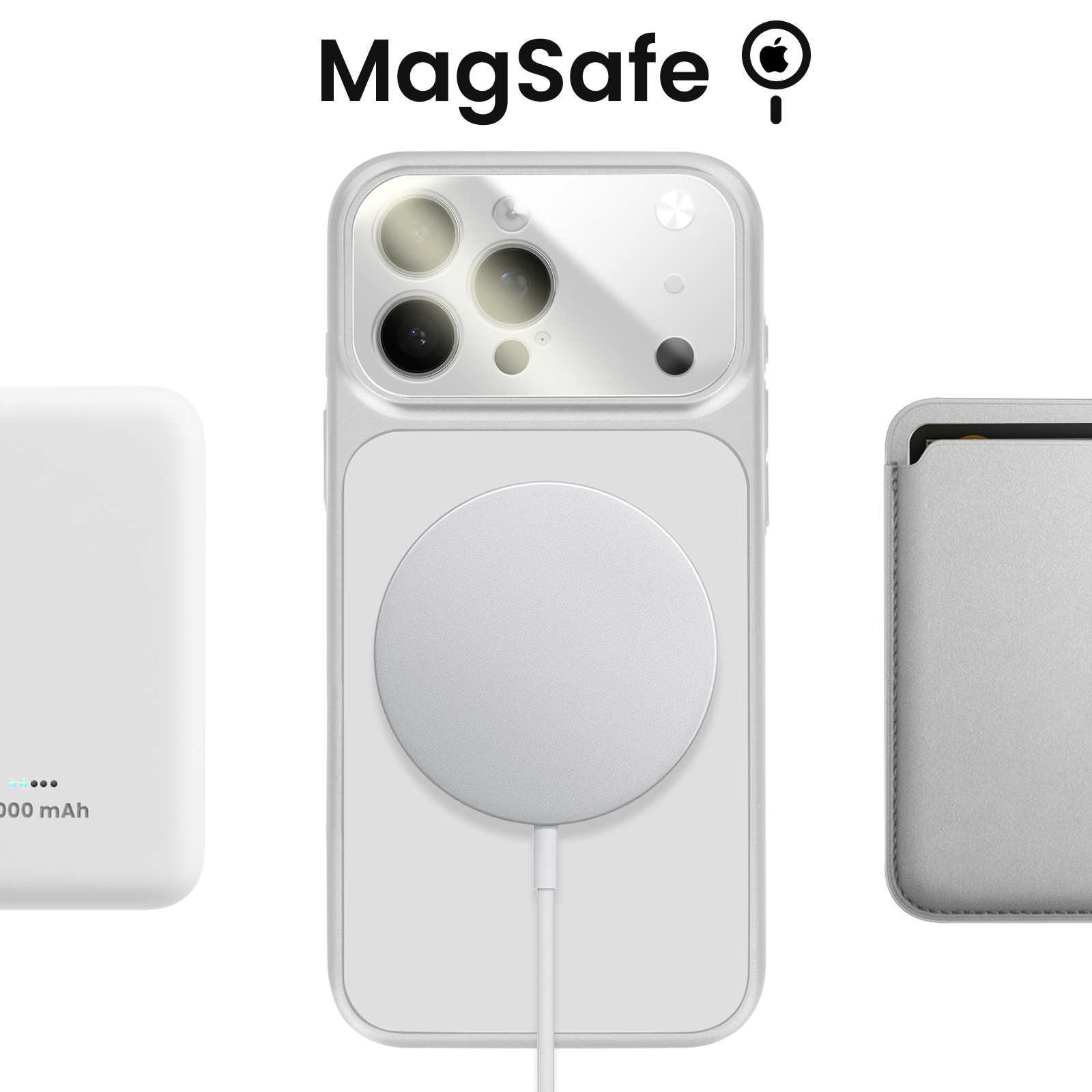 Caricatori MagSafe bianchi e custodia iPhone con fotocamere su sfondo bianco.