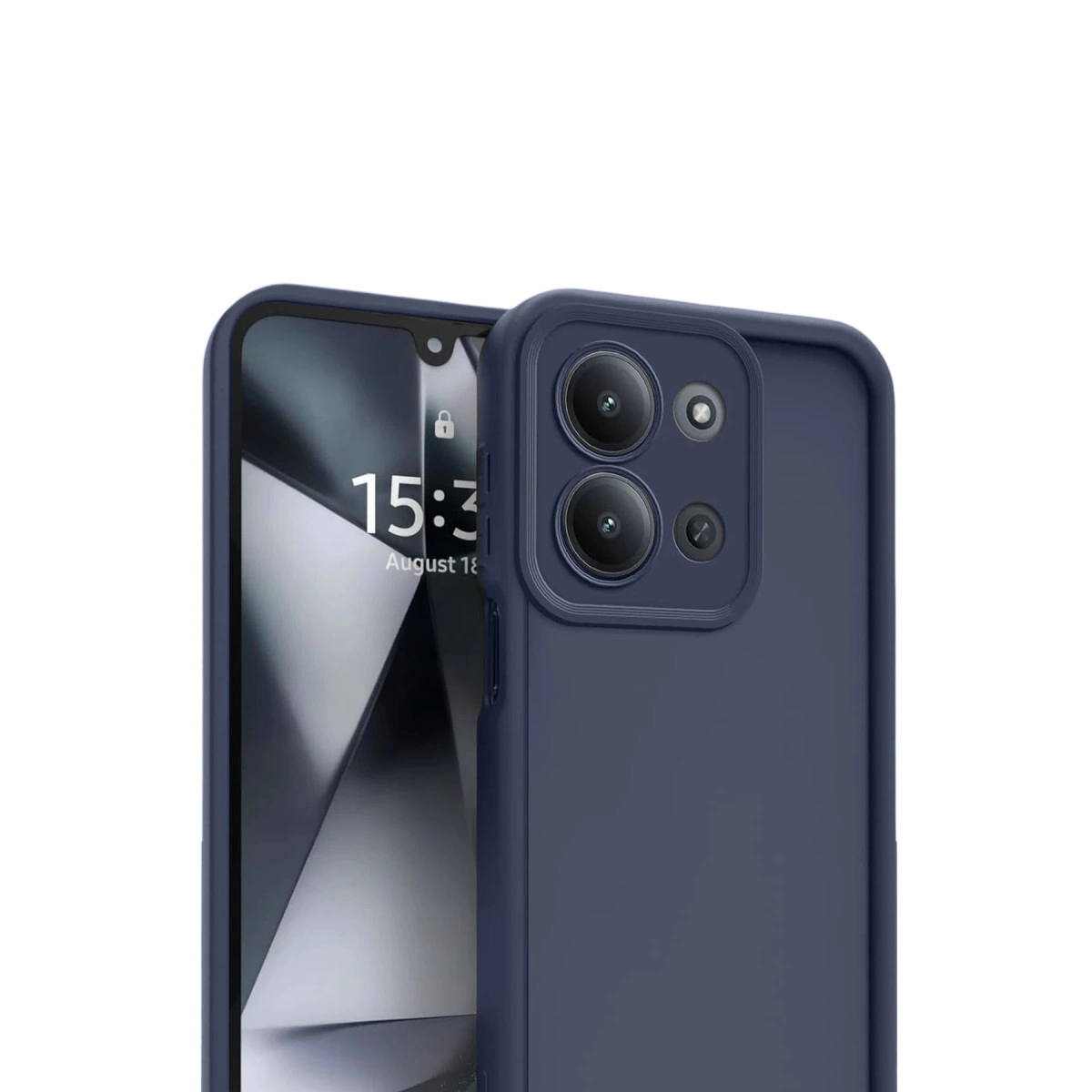 Arkada üç kamerası olan lacivert telefon, beyaz arka plan üzerinde.
