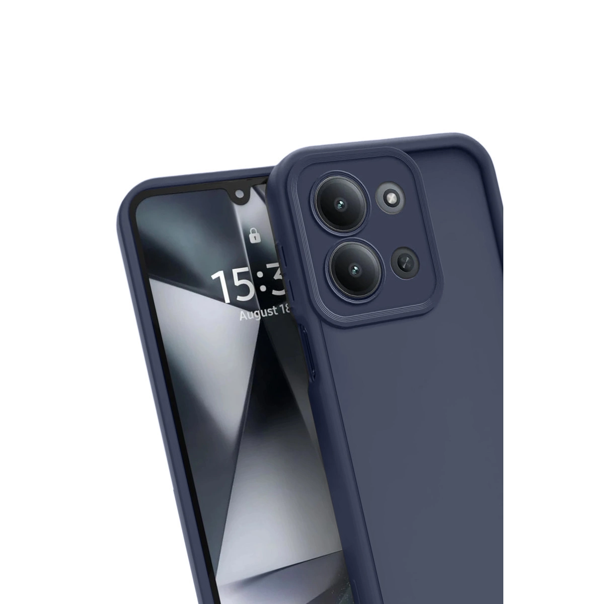 Arkada iki kamerası olan lacivert telefon, beyaz zeminde duruyor.