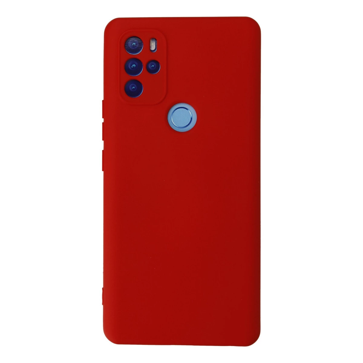 Kare kamera modülüne ve dairesel parmak izi sensörüne sahip kırmızı telefon kılıfı.