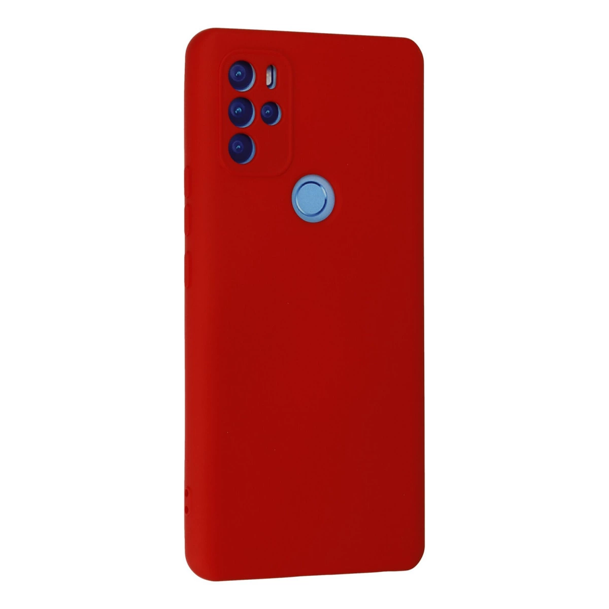 Dört kamera lensli ve mavi parmak izi sensörlü kırmızı telefon kılıfı.