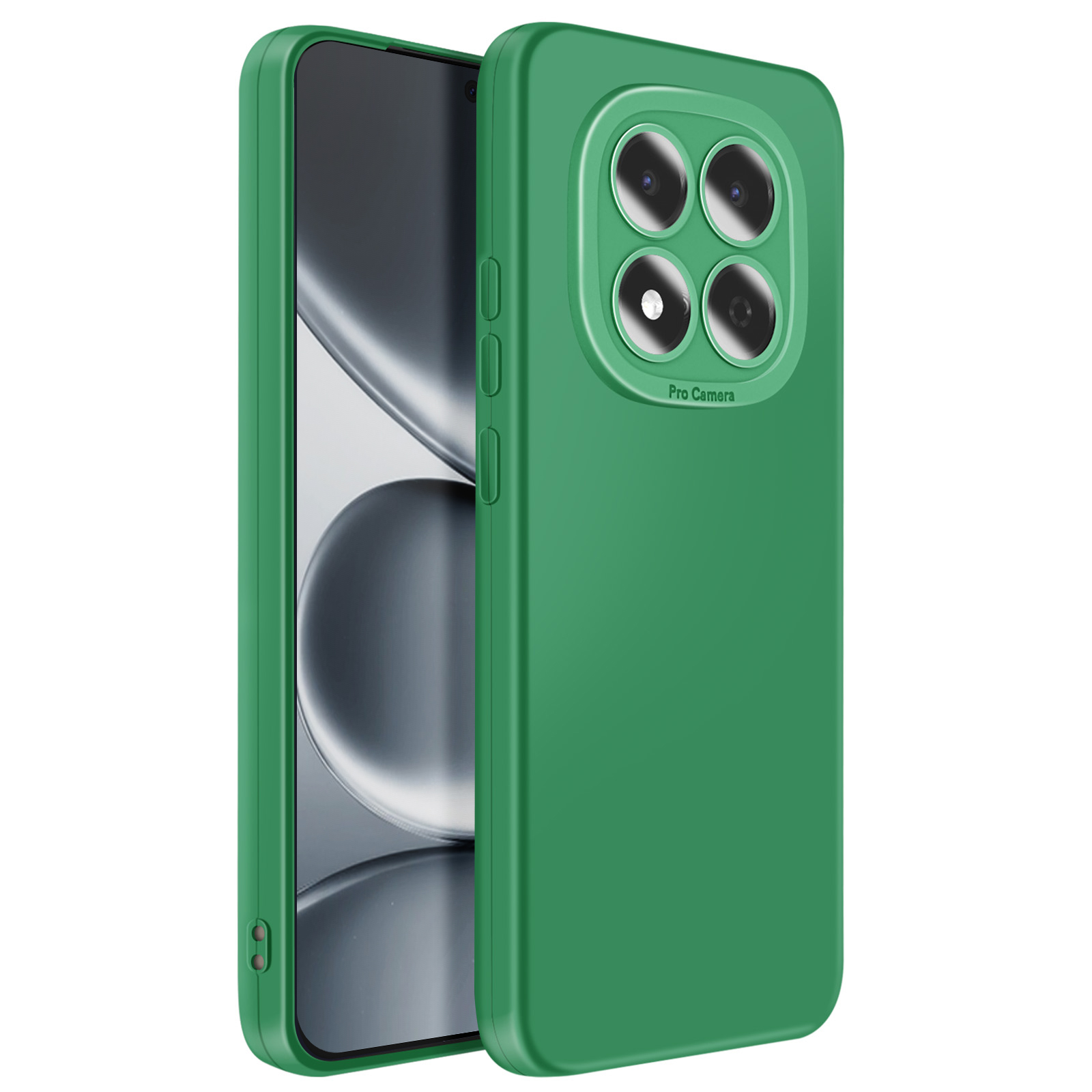 Coque de téléphone verte avec quadruple appareil photo et "Pro Camera".
