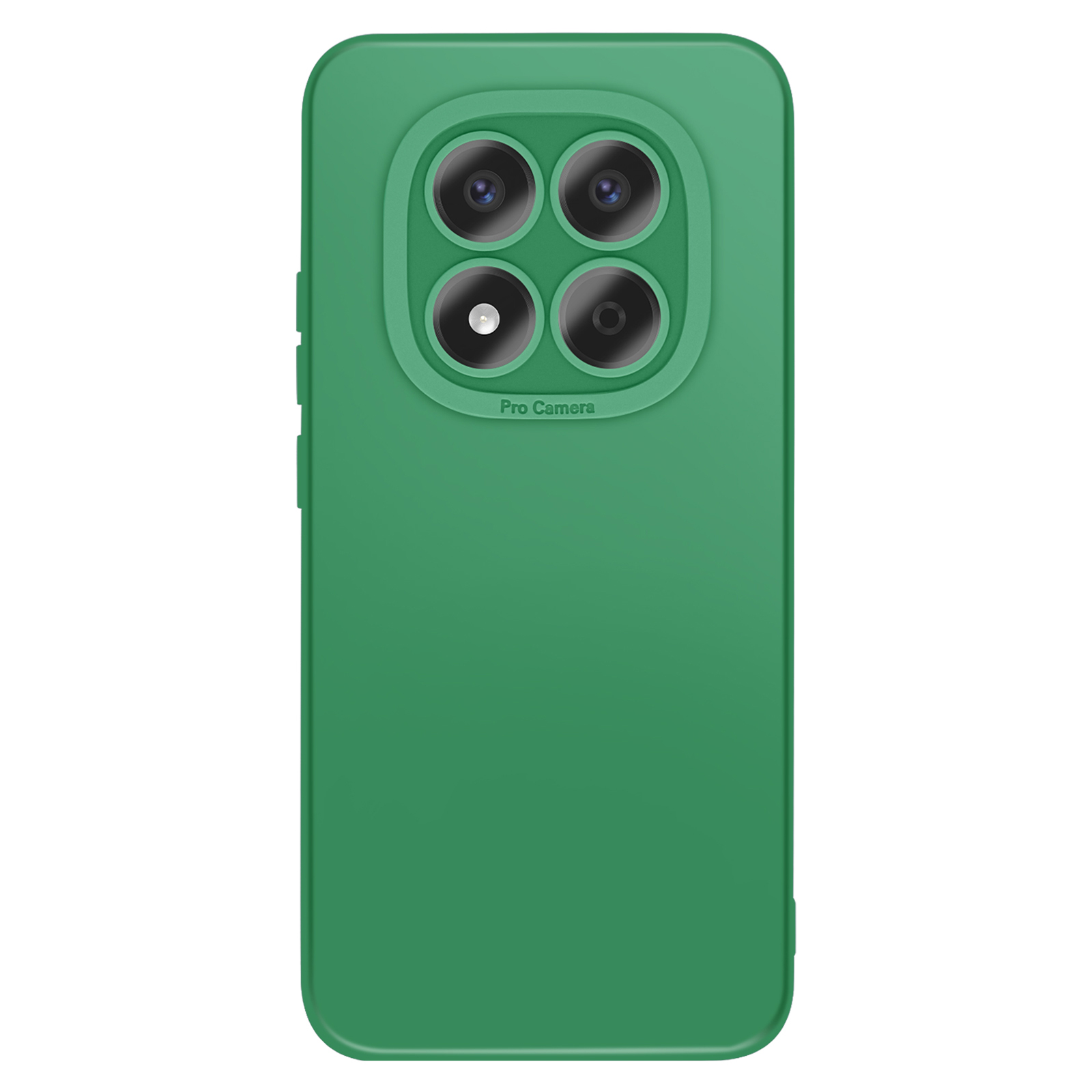 Coque de téléphone verte avec quatre caméras et flash.